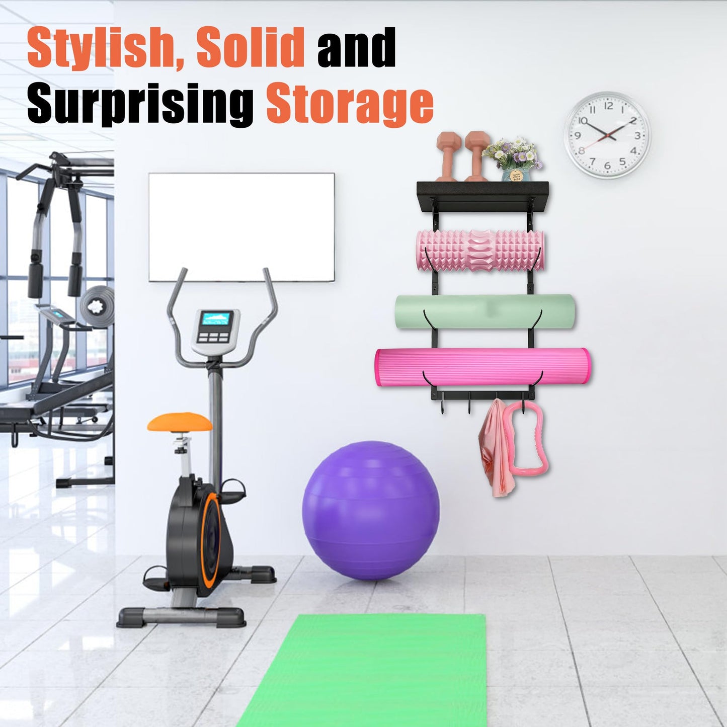 Lanasz Yoga Mat Holder Wall Mount - 4 Tier Home Gym Storage Rack with Shelf & 5 Hooks, Gym Equipment Organizer & Wall Storage for Workout Room Decor