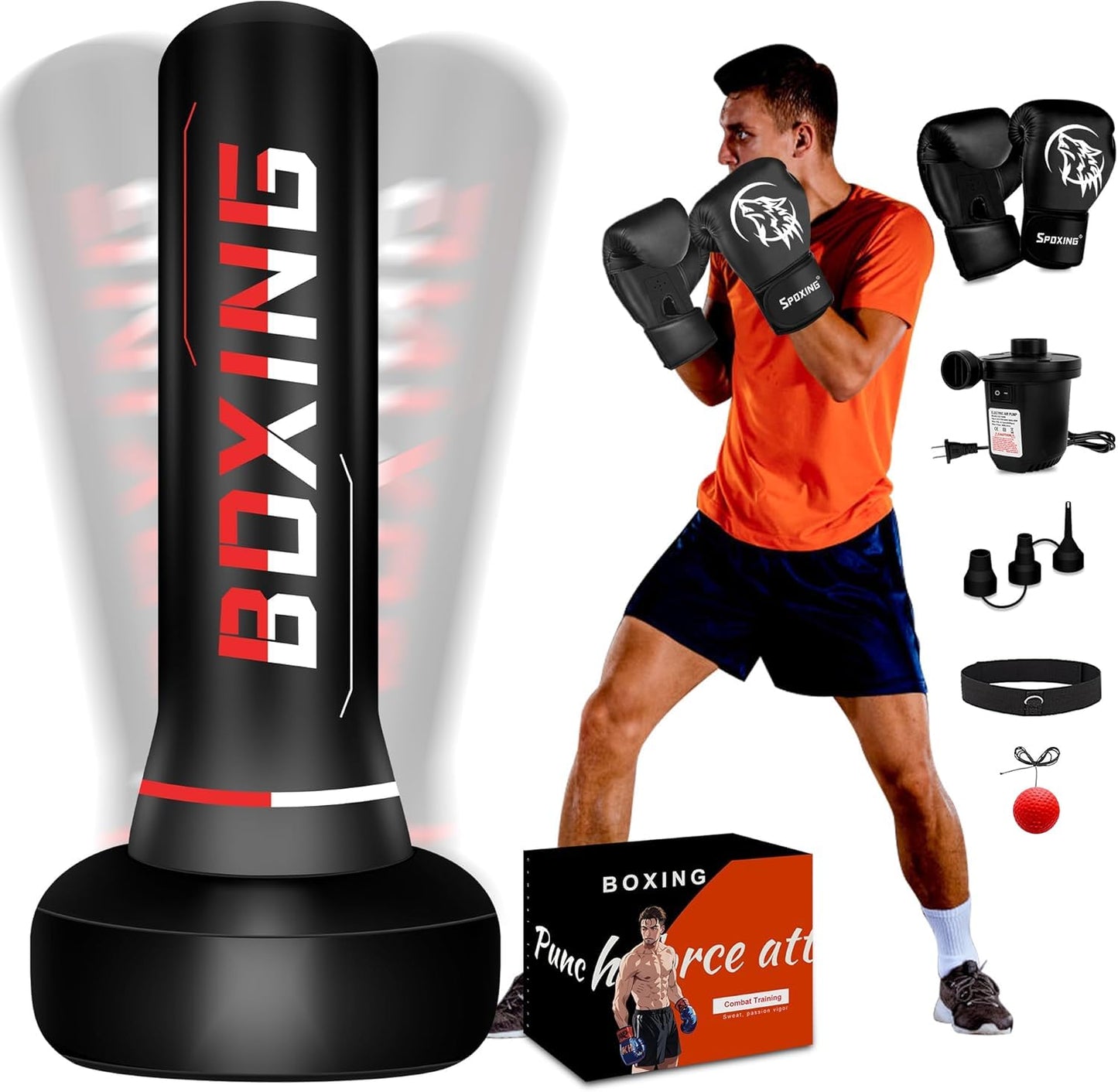 Freestanding Punching Bag for Adult Teens, 70" Heavy Punching Bag with Boxing Gloves and Electric Air Pump for Beginners Kickboxing Training MMA Muay Thai Fitness Office Home Gym