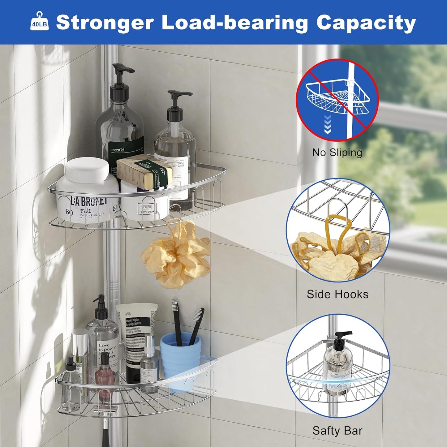 Skiennix Corner Shower Caddy - Aluminum Tension Pole Organizer with 4 Adjustable Rustproof Shelves | 47-121 Inch, No Drilling, Quick Installation