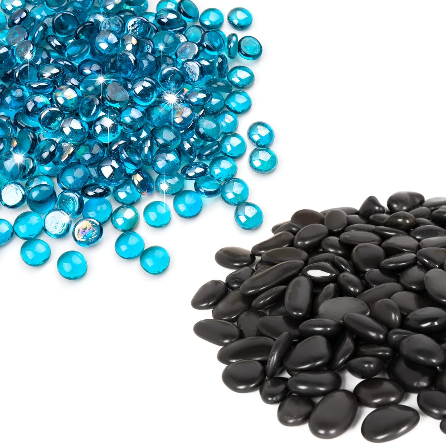 GASPRO 15 Pound Black River Rocks and 10LB Flat Glass Marbles for Vase, Plants, Succulents, Landscaping, Garden and More