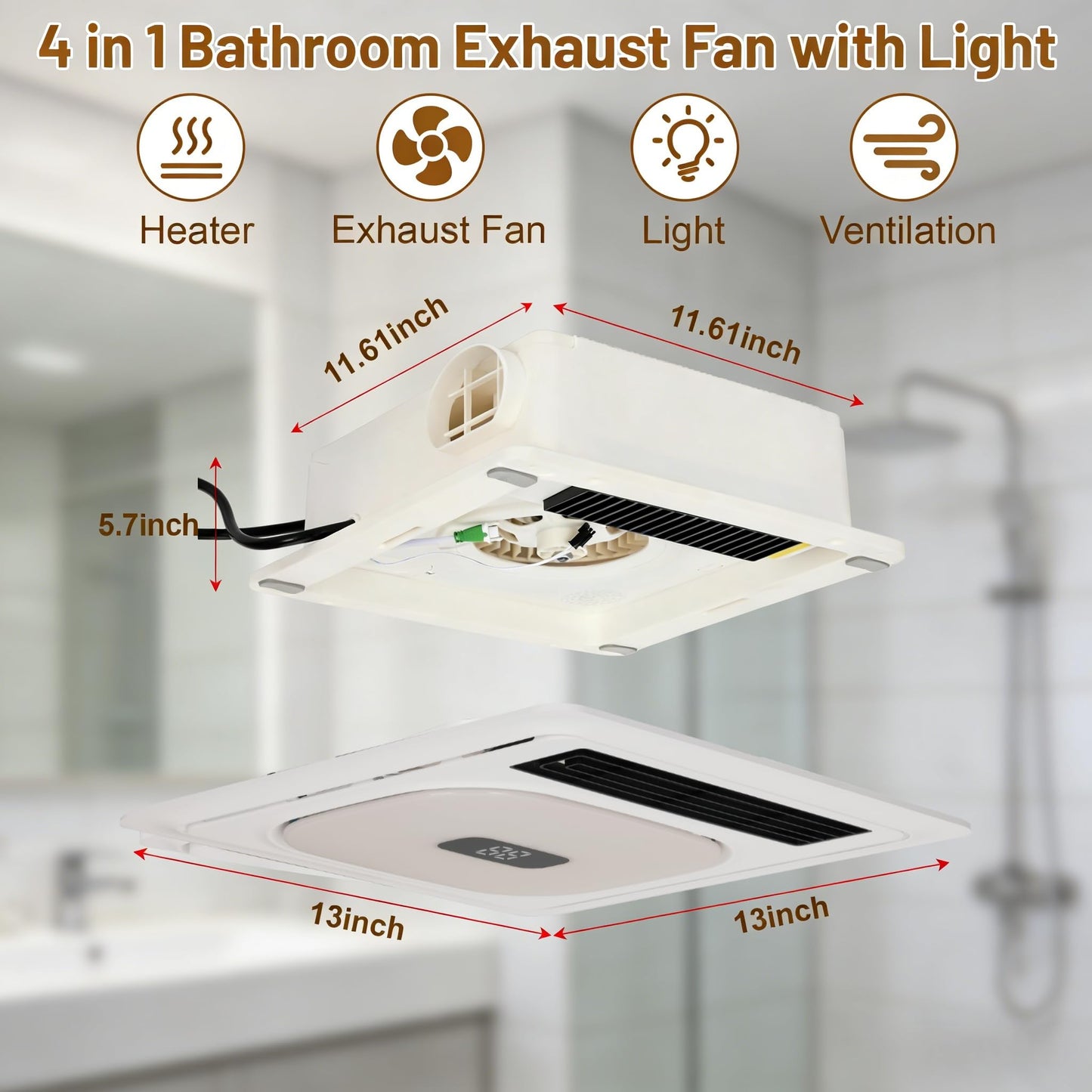 NeuronDeals 4 in 1 Bathroom Exhaust Fan & 1800W Heater – The Complete Bathroom Fan with Heater | 3 Adjustable LED Color Temperatures, 180 CFM Quiet DC Motor for Effective Ceiling Ventilation