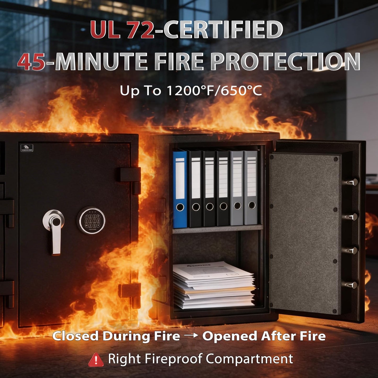 TIGERKING Extra Large Dual Door Depository Safe with Drop Slot, Right-Side 45-Min Fireproof Storage, Solid Steel Dual Keypad Access Cash Safe, 10.08 Cu Ft 308.6 lbs for Business and Retail
