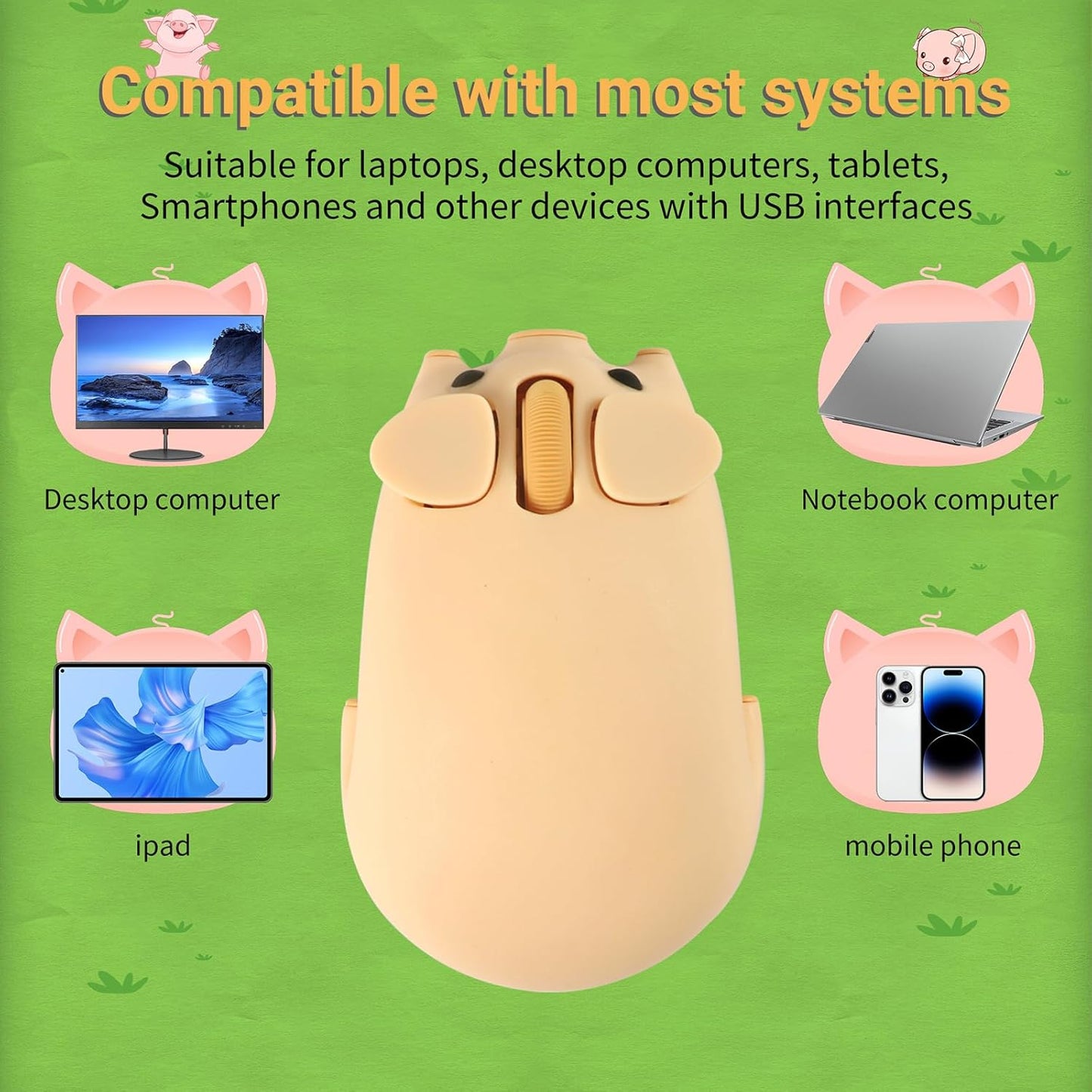elec Space Cute Pig Design Wireless Mouse Dual Mode Bluetooth & USB Mouse, Silent Operation, Ergonomic, Perfect