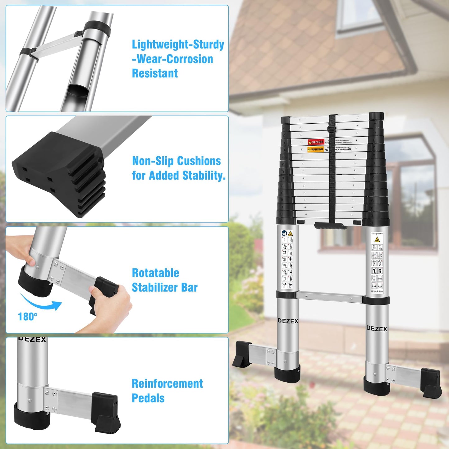 DEZEX 15.5 FT Aluminum Telescoping Ladders - One-Button Retraction Collapsible Extension Ladder for Home,RV,Attic,Lasts 330 LBS with Swivel Feet and Non-Slip Cushion