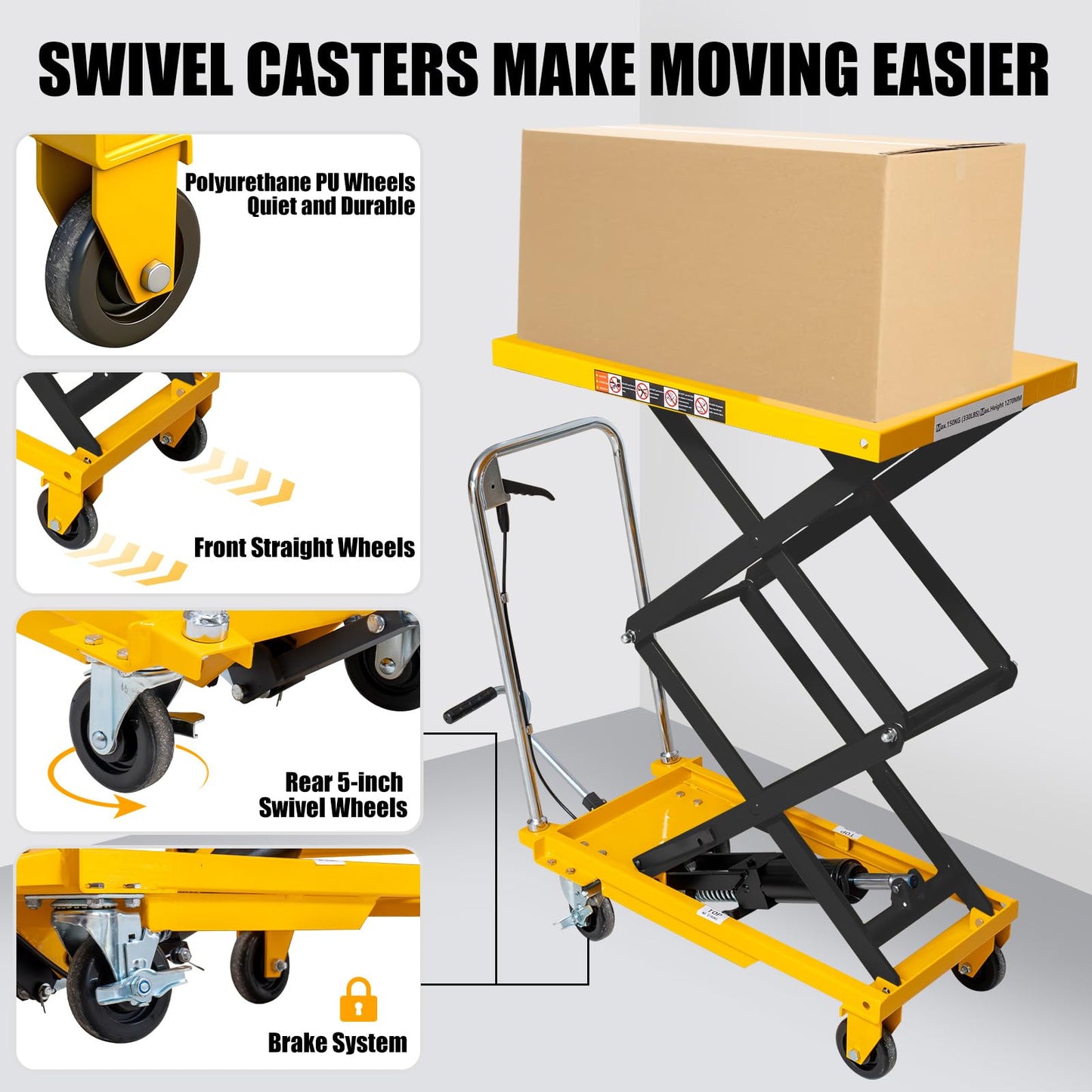 Hydraulic Lift Table Cart, 440lbs Capacity 49.6'' Max Lift, Double Scissor Lift Table w/4 Wheels & Non-Slip Pad, Heavy Duty Hydraulic Platform Lift Cart for Warehouse, Shop, Garage Material Handling