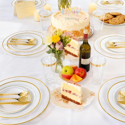 HOME BREEZE 13 Inch Charger Plates, 16 Pack, Clear Charger Plates with Gold Rim, Heavy Duty Disposable Plastic Chargers for Dinner, Elegant Dining, Wedding, Party, Formal Event Decoration (16, Gold)