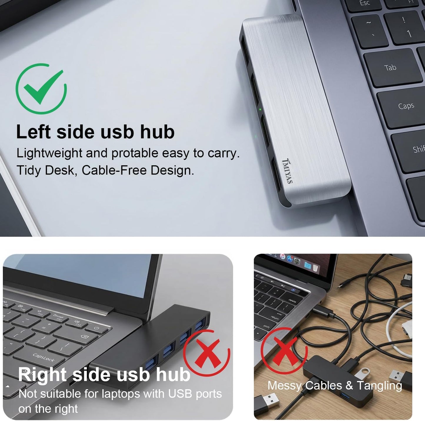Tmiyas 3.0 4-Port Left Side USB Hub, Cable-Free USB Splitter for Laptop, Direct-Plug Design, Compatible with MacBook