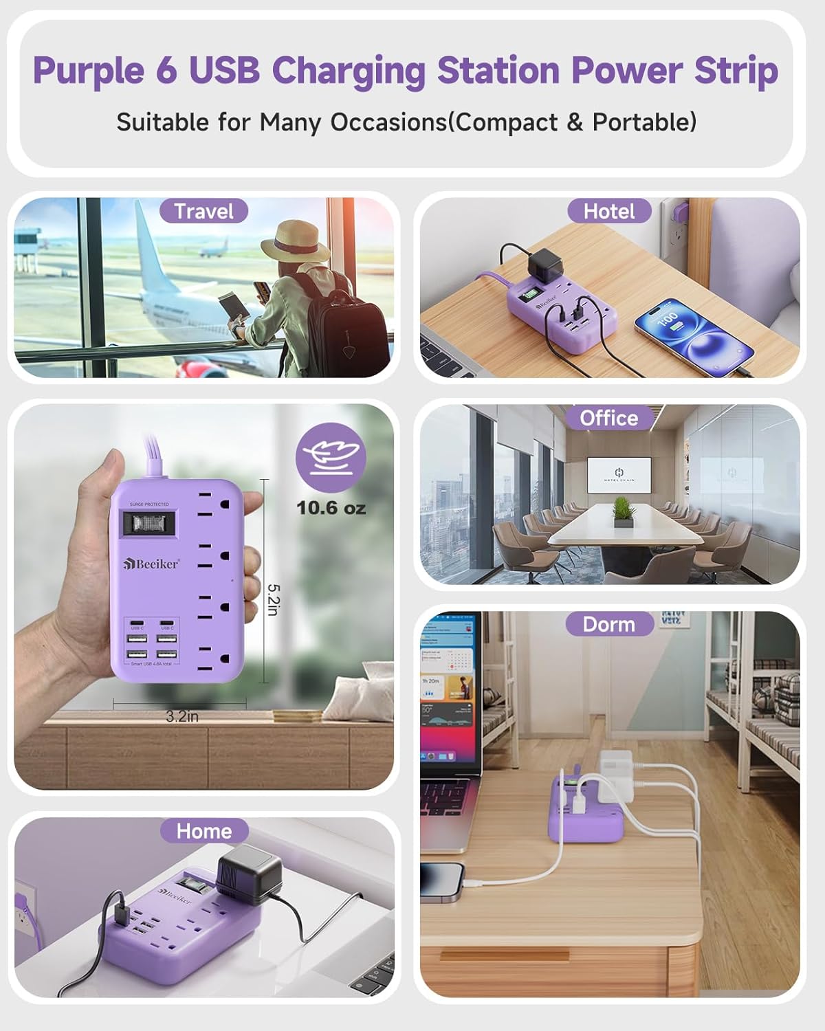 Beeiker 6 USB(2 5Ft 24W 4 USB C) Purple Travel Power Strip- Lavender Extension Cord with USB Charging Station