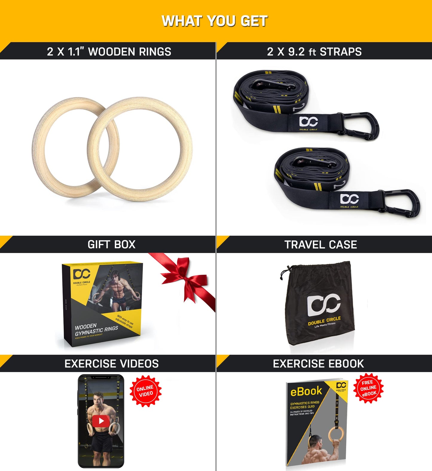 Double Circle Wood Gymnastics Rings with Quick Adjust Numbered Straps and Exercise Videos Guide - Full Body Workout Rings, Calisthenics, Home Gym