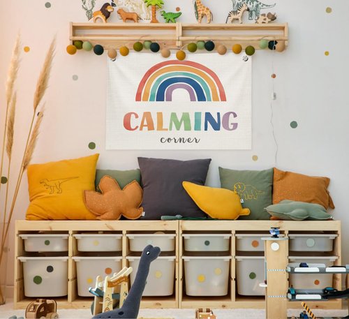 ICEWHITEY Calming Corner Wall Decor for Classroom,Calm Down Corner Supplies,Boho Classroom Rainbow Calming Corner Must Haves Canvas Banner Flags for HomeSchool Library Kindergarten Kids Room,30x20 Inch