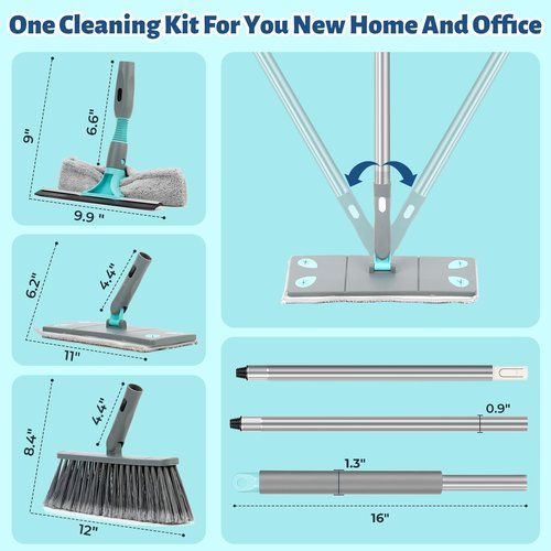 3-in-1 Detachable Broom and Mop Set Combo for House Cleaning, Collapsible Broom and Mop for RV Camping, Home, Dorm, Extension Pole, Window Squeegee, Grey