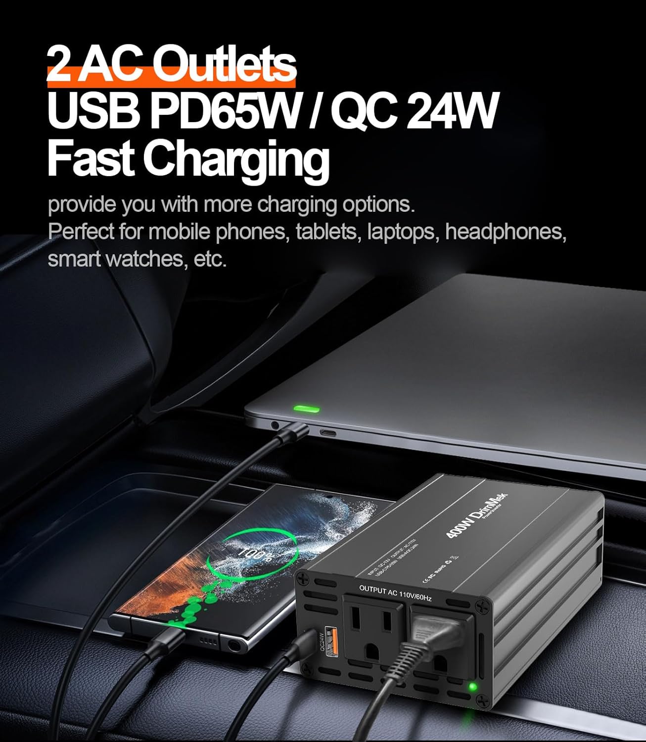 DrimMek 400W 12V 110V 65W 24W Car Power Inverter - Dual DC to AC Car Plug Adapter Outlets, Fast Charging USB C & Port