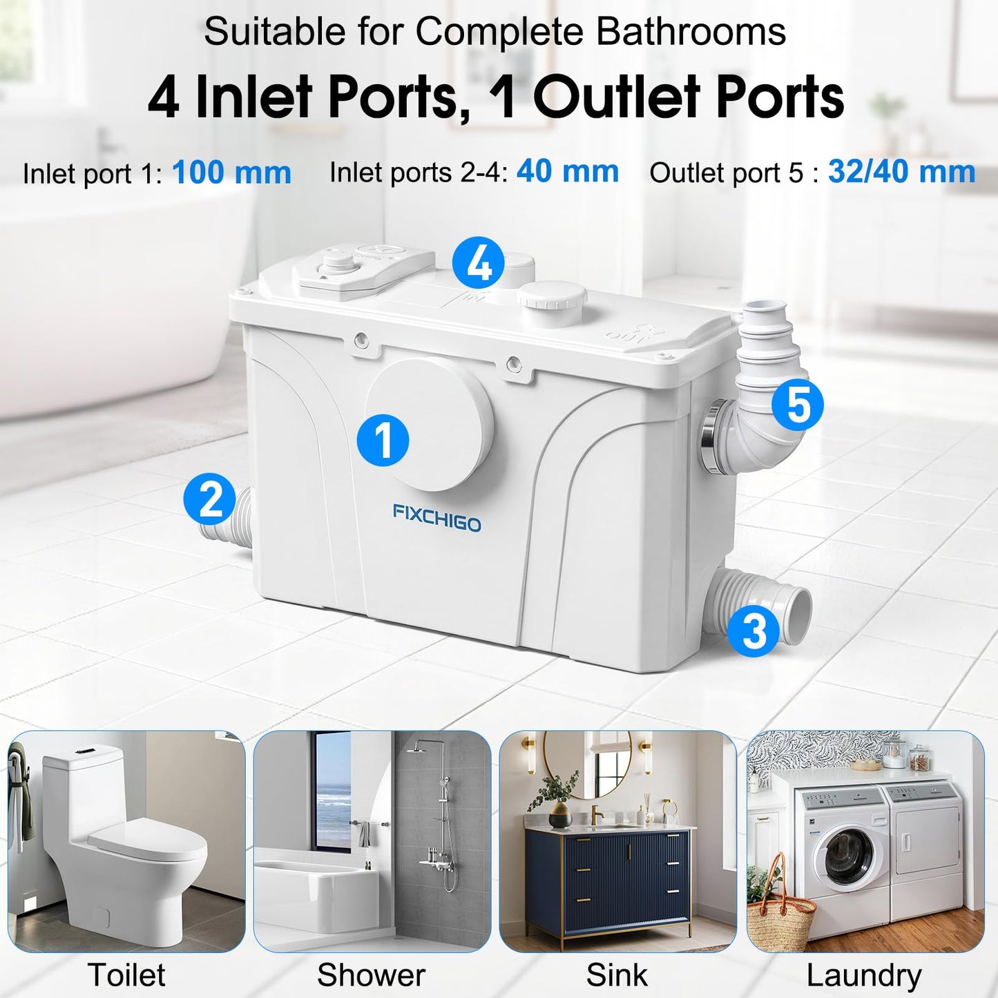 FIXCHIGO 800W Macerator Pump, Macerating Toilet System with 4 Inlets/1 Outlets, 48 GPM Flow, 29.5 FT Head, PCB Smart Control Sewage Pump for Basement, Sink, Toilet, Laundry, Kitchen