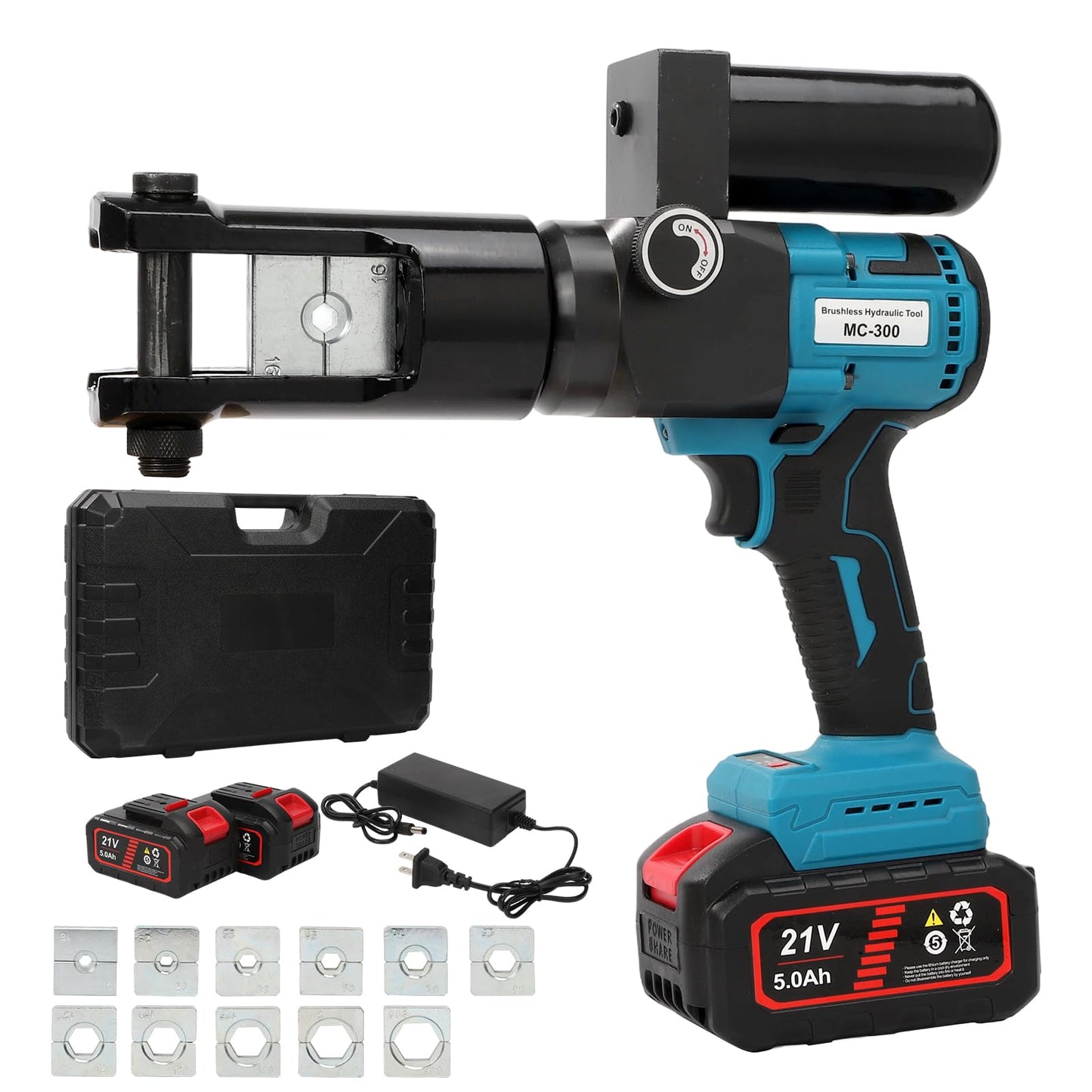 Hydraulic Crimping Tool 80KN Battery Powered 21V 5Ah Lithium-Ion 360° Rotating Head 3-6 Sec Fast Crimping 16-300mm² Copper/Aluminum 6AWG-600MCM with 2 Batteries & Storage Box