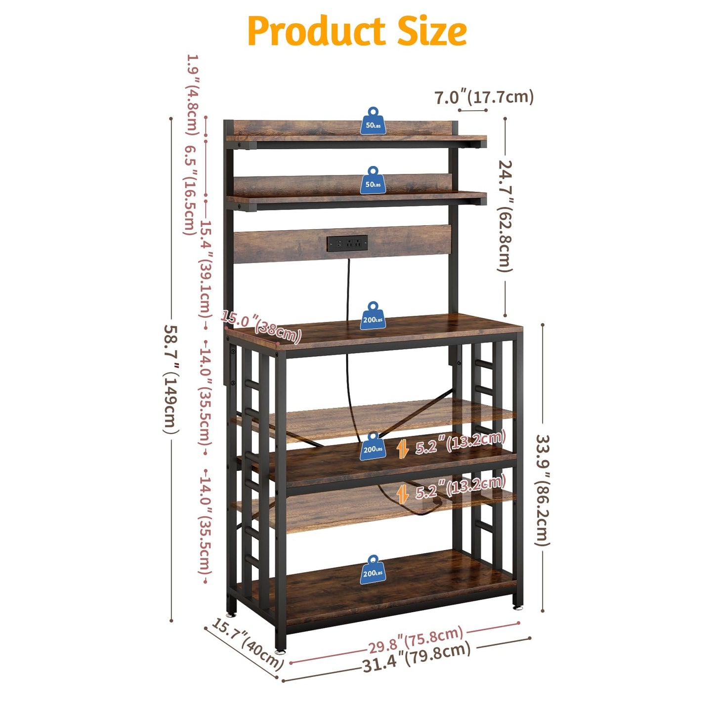 METYERRY Adjustable Bakers Rack with Power Outlet,Coffee Bar Station with Led Lights,Microwave Stand with Storage,5-Tier Kitchen Shelf,Kitchen Storage Rack for Spices, Pots and Pans,Rustic Brown