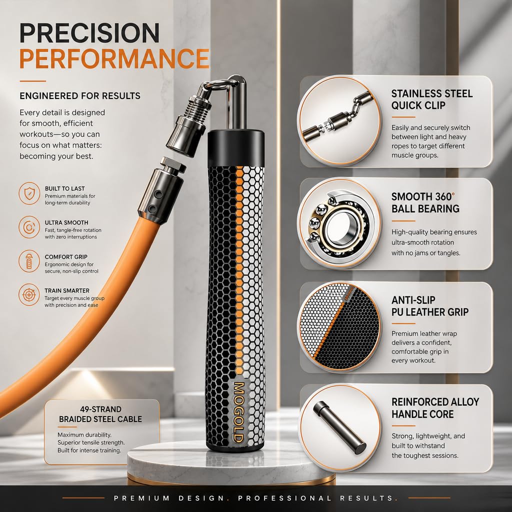 Mogold Weighted Jump Ropes for man&women fast clip interchangeable 1/4LB 1/2LB 1LB heavy jump ropes , Ball Bearing Design – Weighted, Length Adjustable,Ergonomics Grip for fitness weight loss & More