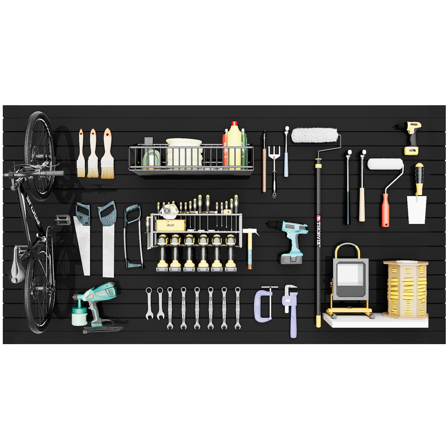 Noliven Slatwall Panel Wall Storage Systems, 4x8 ft Slat Wall Paneling Garage Wall Organizer with Six Hooks, Heavy Duty Wall Mounted PVC Wall Rack, Black