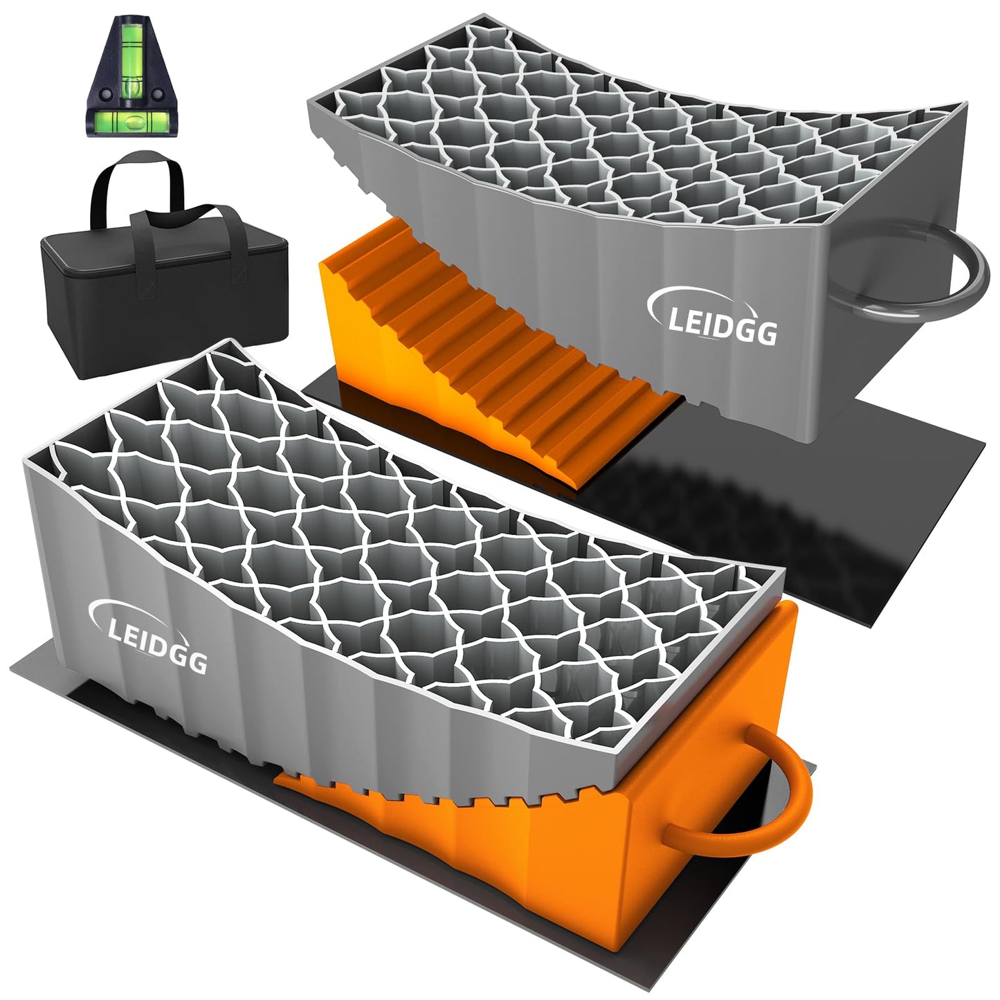 LEIDGG RV Leveling Blocks with Handles, 35000 LBS Load Capacity, Adjustable 0.5" to 4.7" Heavy Duty PP Camper Leveler for Travel Trailer, RV, Truck with Level & Carry Bag