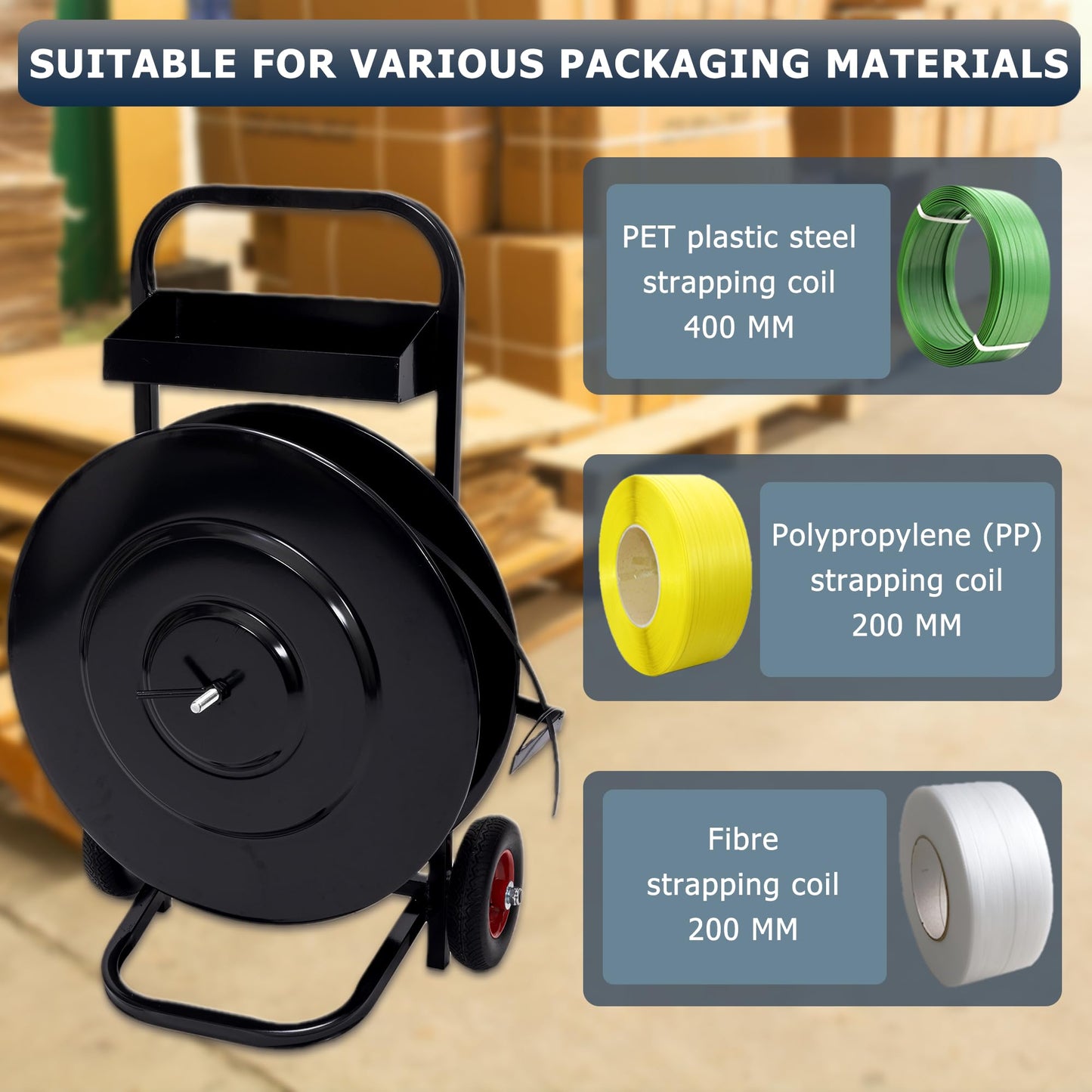 Heavy Duty Banding Strapping Cart & Dispenser - Fits 8" x 8"/16" x 16" Poly/Plastic Steel/Fibre Strapping - Built-in Tool Tray for Seals/Tensioner & Durable Frame (Black)