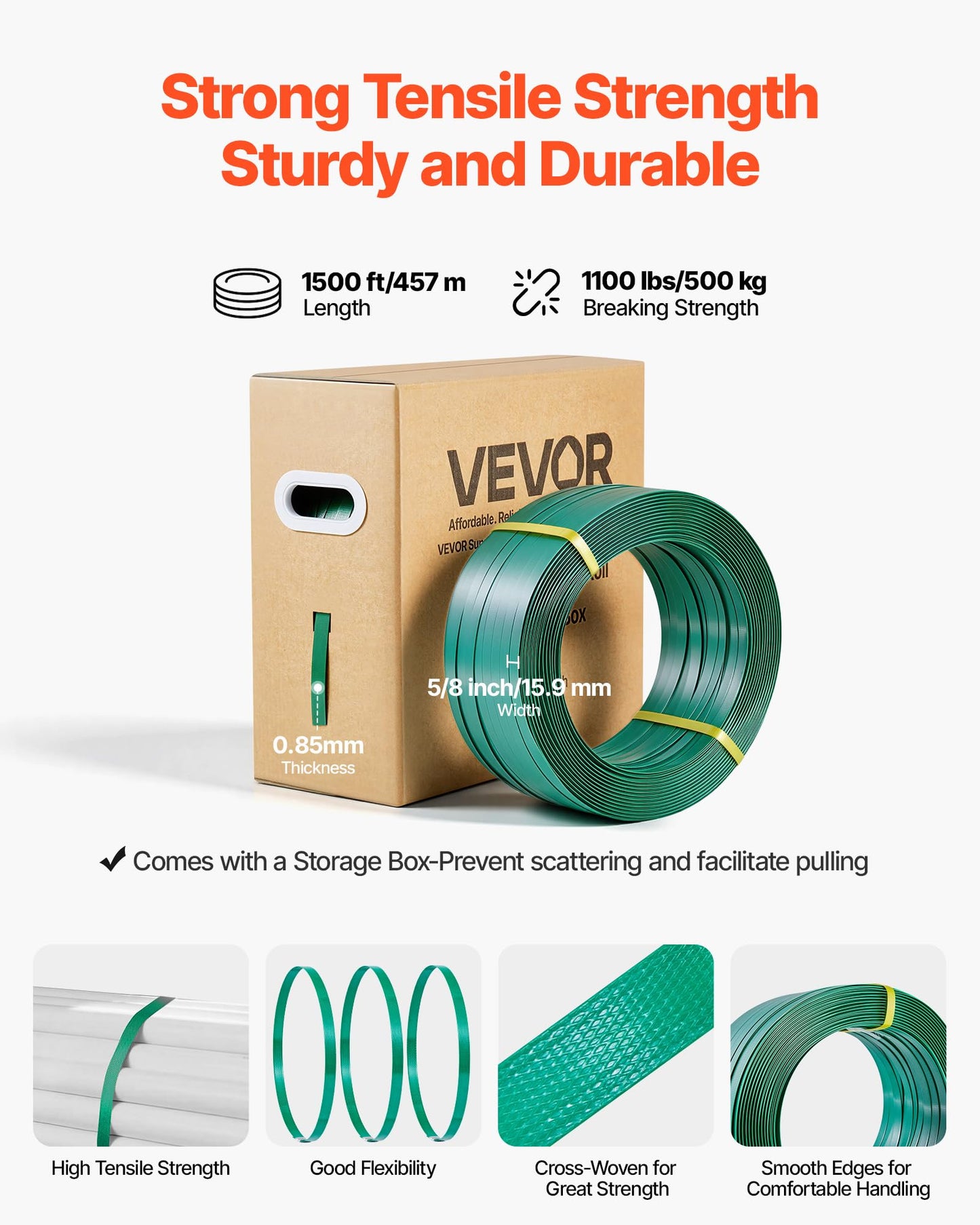 VEVOR Banding Strapping Kit, Heavy Duty Banding Sealer Tool with 1500 ft PET Band, 450 Metal Seals, 150 Corner Protectors & Gloves, Plastic Pallet Packaging Strapping Kit for Warehouse/Shipping/Moving
