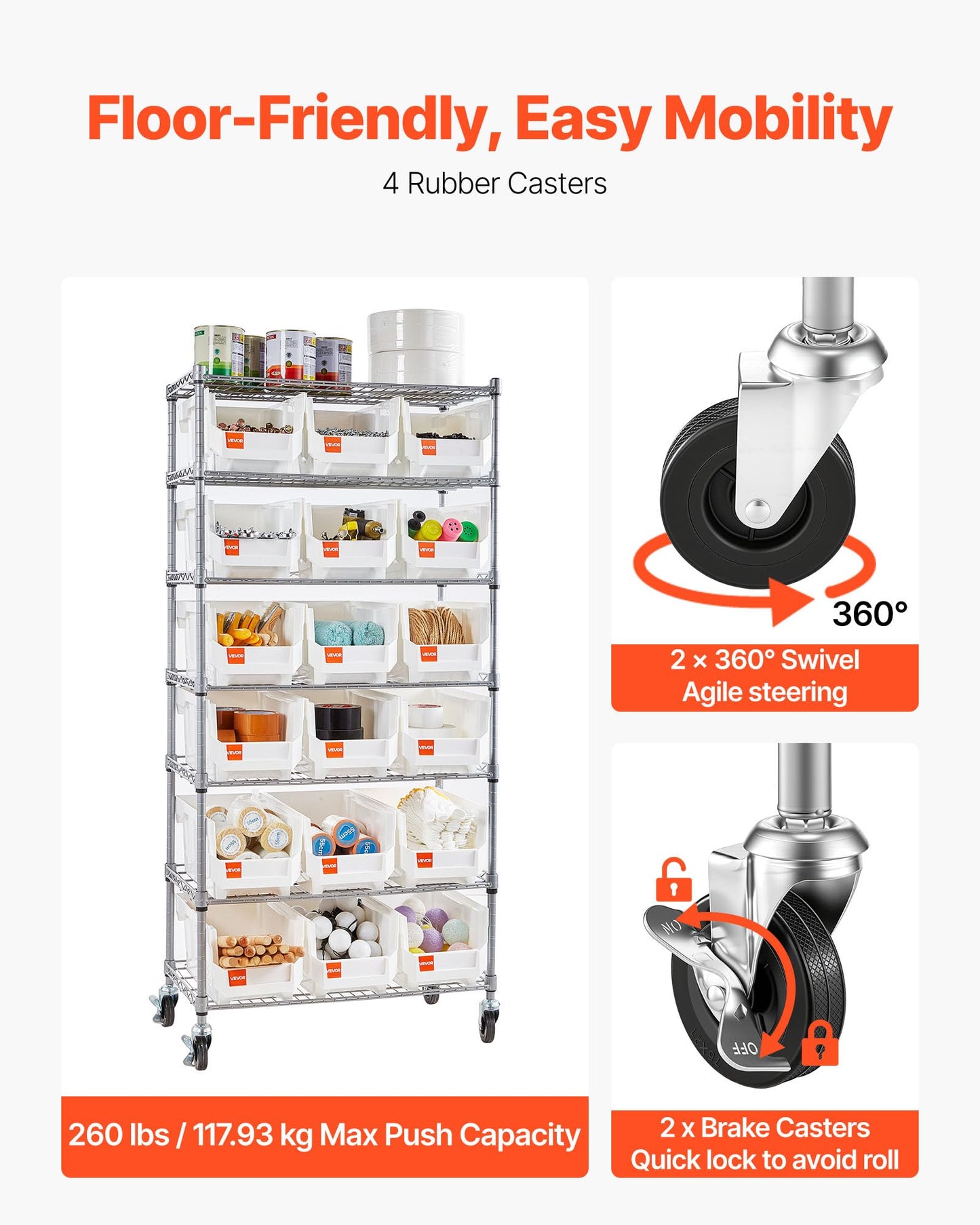 VEVOR 7-Tier Rolling Bin Storage Rack, 18 Organizer Bins, Bin Rack Storage Steel Wire Shelving System with Wheels, Mobile Tool Organizer for Garage, Warehouse, Office, Restaurant, Classroom, Kitchen