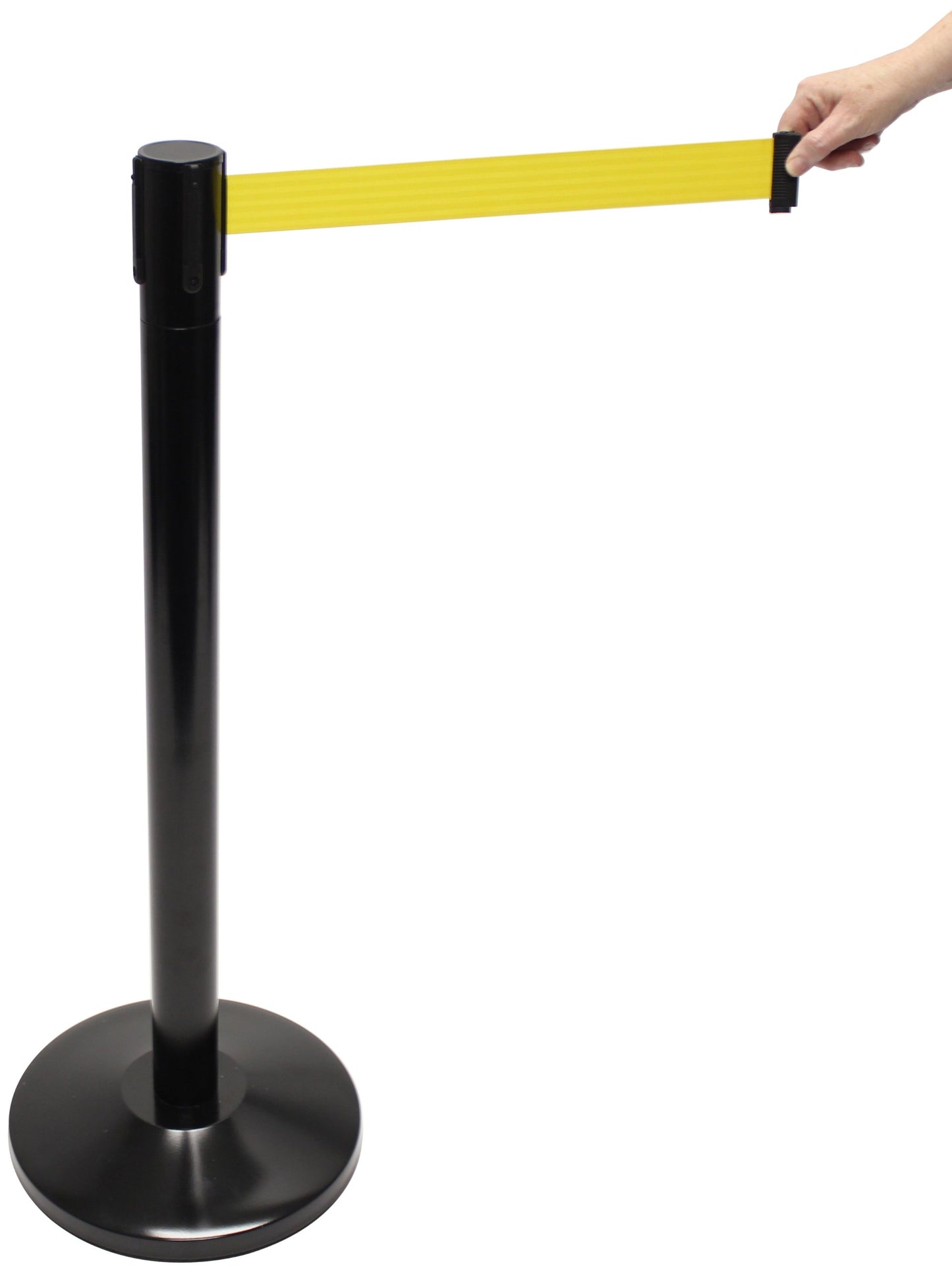 Accuform PRB842YL Steel Blockade Retractable Belt Tape Facility Traffic Control Barrier, 2" Width, Black Post/Yellow Belt Tape