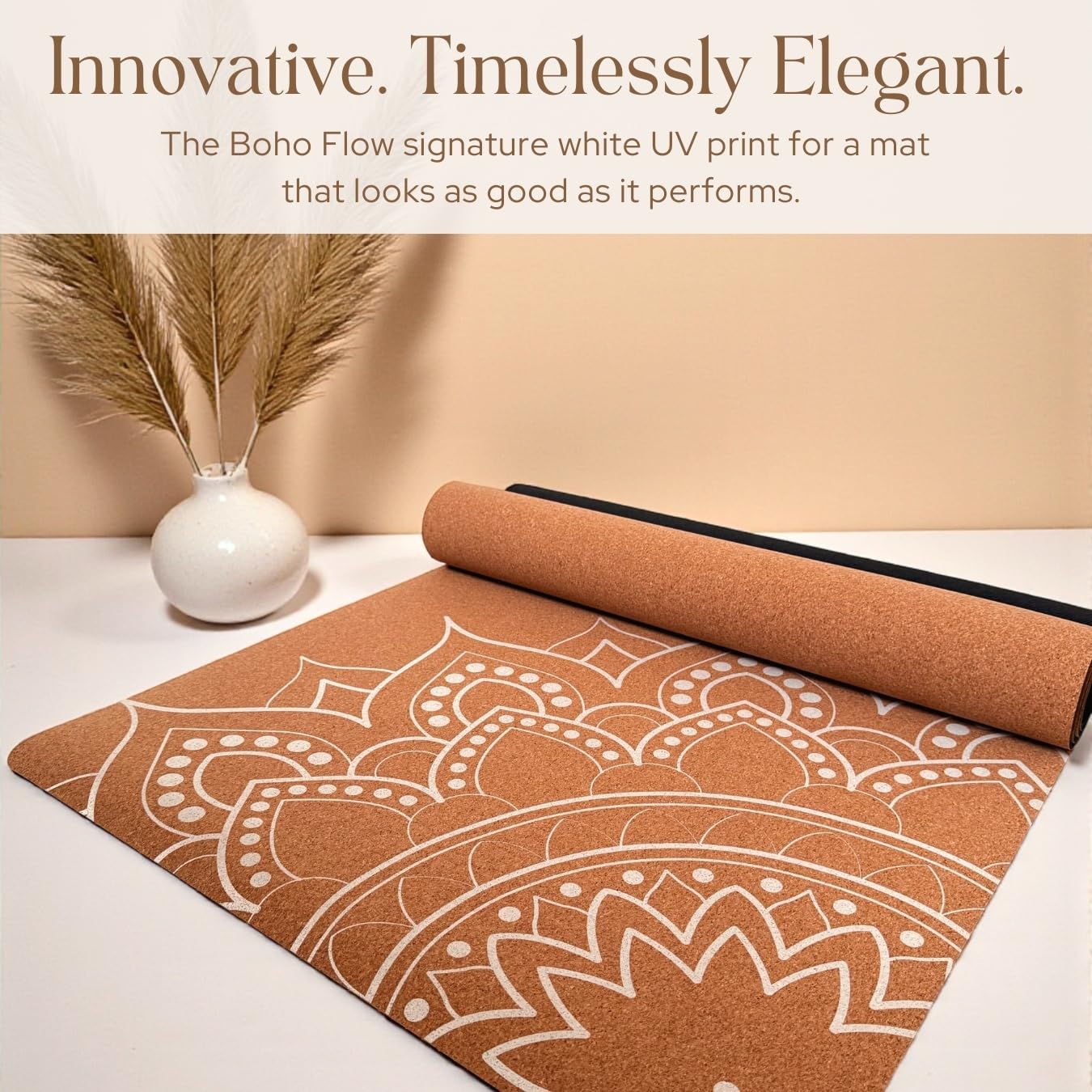 Boho Flow Aesthetic Cork Yoga Mat 72” x 26” – Elegant Signature Mandala Design on Quality Portuguese Cork with 5mm Solid Tree Rubber Base for Lasting Stability – Non Slip Grip, Odor Free and Non Toxic – Includes Carry Strap