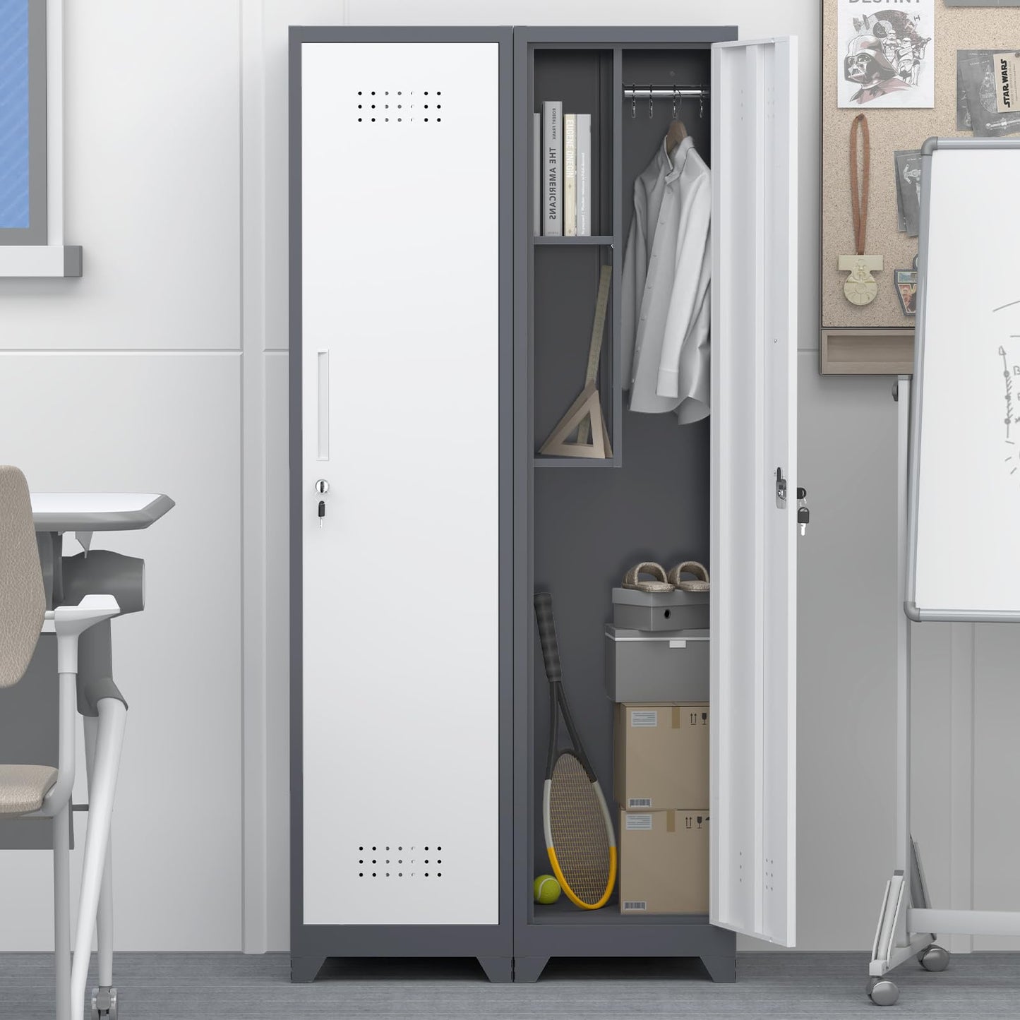 GREATMEET Slim Locking Metal Garage Storage Cabinet, 65" Lockable Utility Closet, Tall Steel Narrow Broom Closet Storage Cabinets with Door and Shelves for Laundry Room, Bathroom, White & Grey