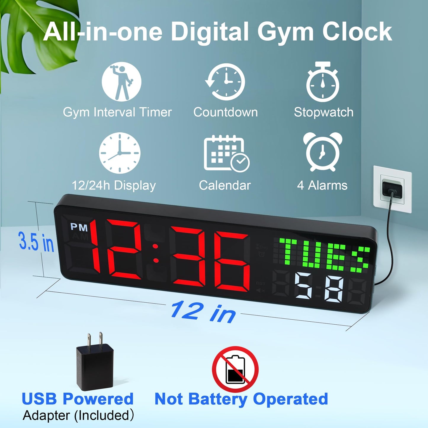 Home Gym Timer, 12'' Interval Workout Clock with Seconds | Remote Control | 5 Display Modes, 4 Alarms | Countdown Wall Clock for Gym Garage Crossfit HIIT Classroom