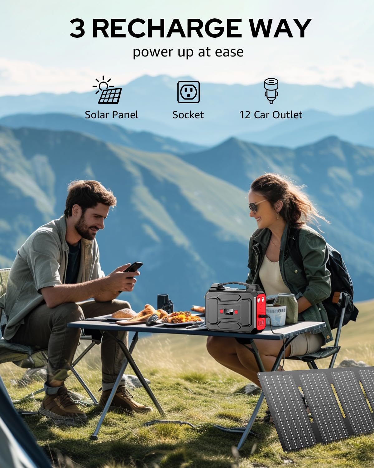 Portable Power Station Bank 146Wh 200W Peak(100W Rated), Solar Powered Power Bank with AC Outlet 110V for Camping, Solar Charger Power Bank Battery Pack 39600mAh for Home Outdoor Emergency