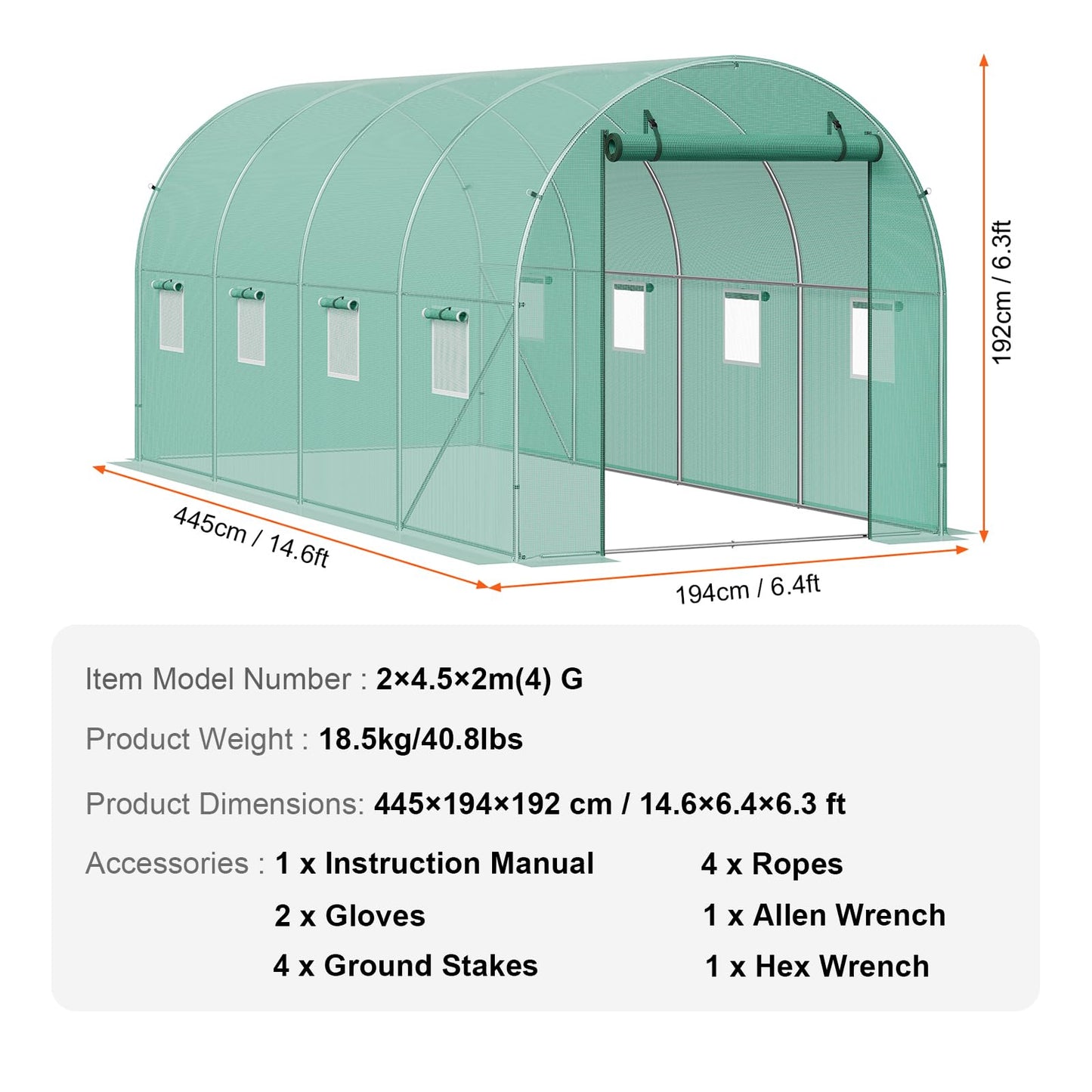 VEVOR Walk-in Tunnel Greenhouse, 14.6x6.4x6.3 ft Hoop House Greenhouse Tunnel, Plant Hot House with Galvanized Steel Frame, Green PE Cover, Roll-up Zipper Door and 8 Windows for Outdoor