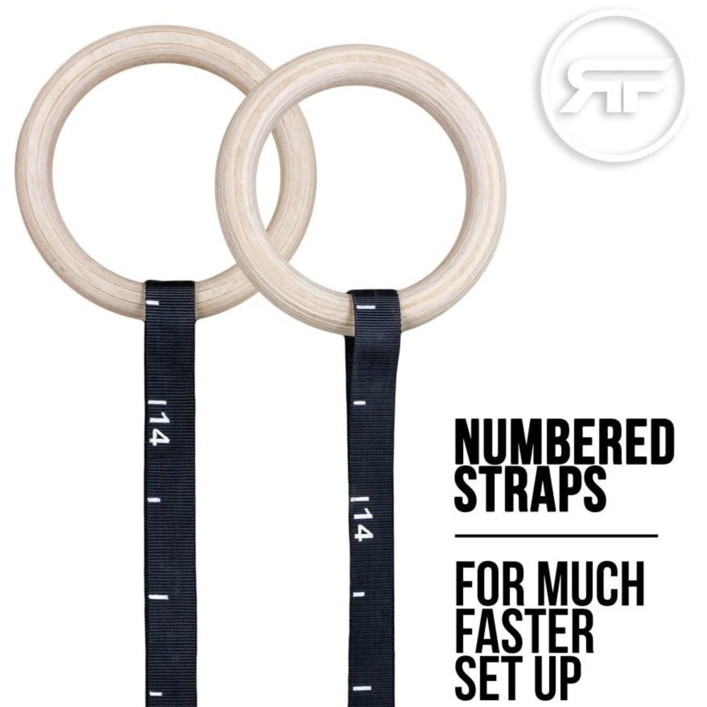 REP Fitness Wood Gymnastic Rings 1.11” FIG Spec Diameter, 14’ Adjustable Numbered Straps, Portable Olympic Suspension Trainer for Gymnastics, Core Training, Home Gym Workouts