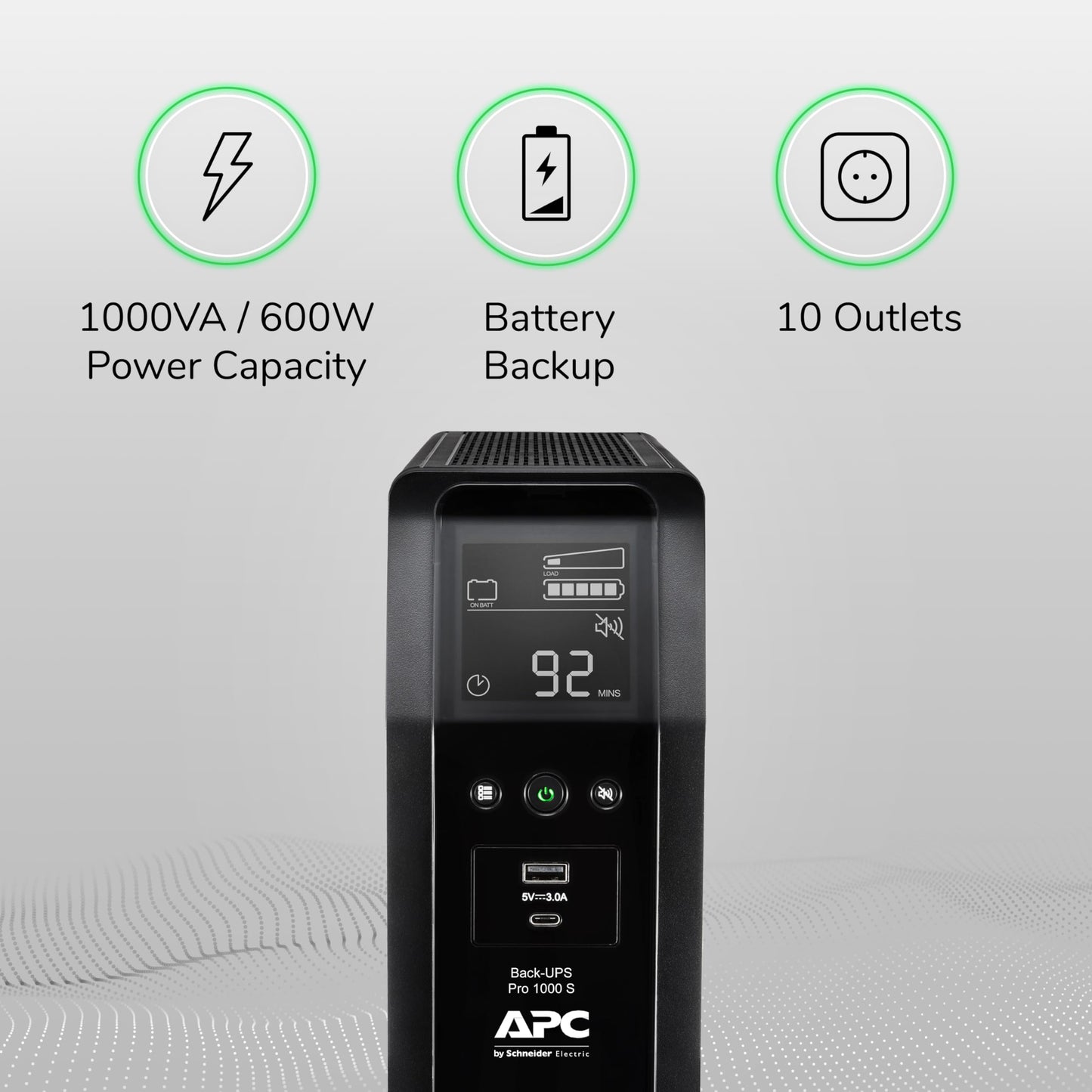 APC UPS Back-UPS Pro 1000VA Sinewave UPS, 600W Battery Backup & Surge Protector, AVR, 10 Outlets, LCD, USB-C & USB-A Charging Ports, BR1000MS Uninterruptible Power Supply for Computers, Electronics