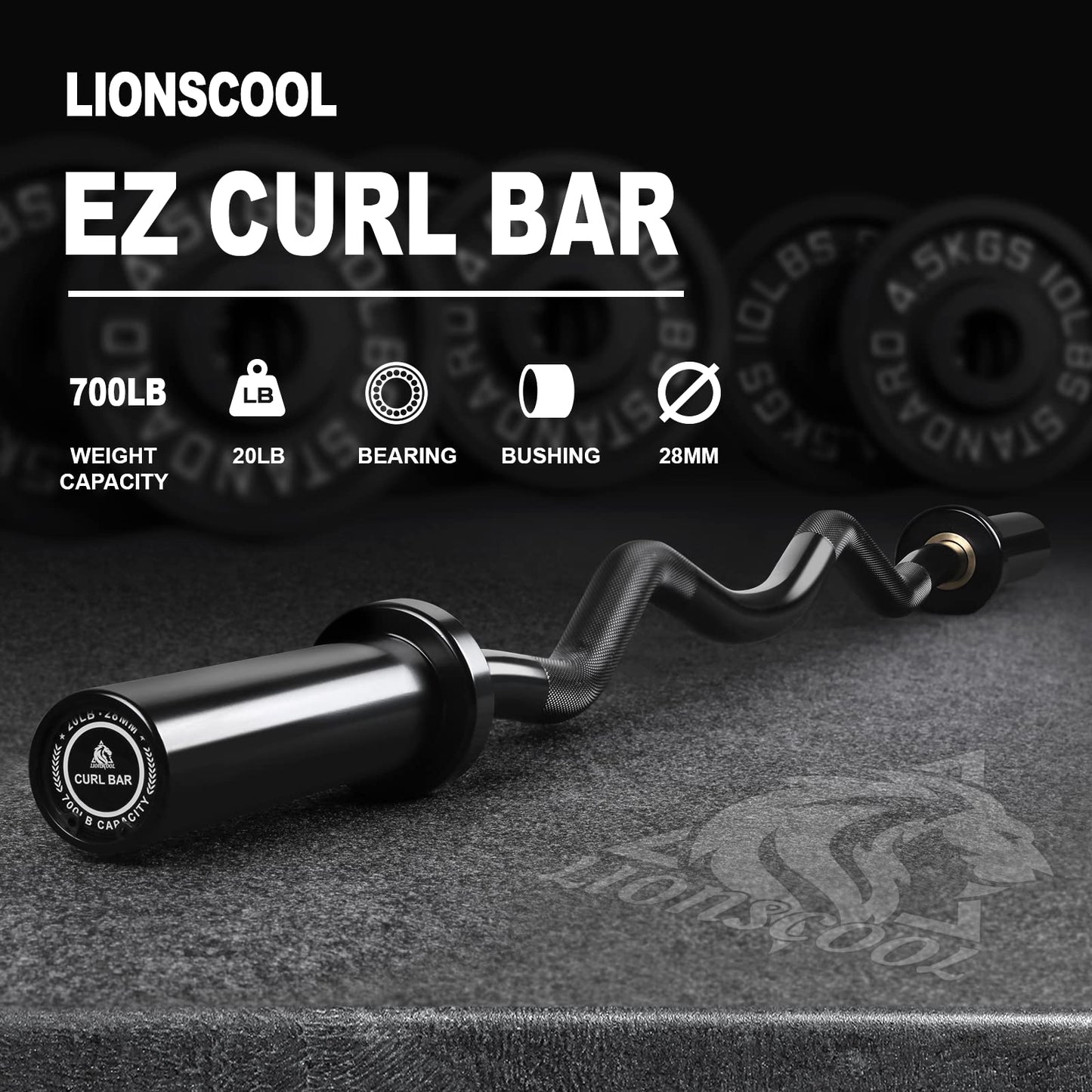 LIONSCOOL 28mm Grip EZ Curl Bar (Black)