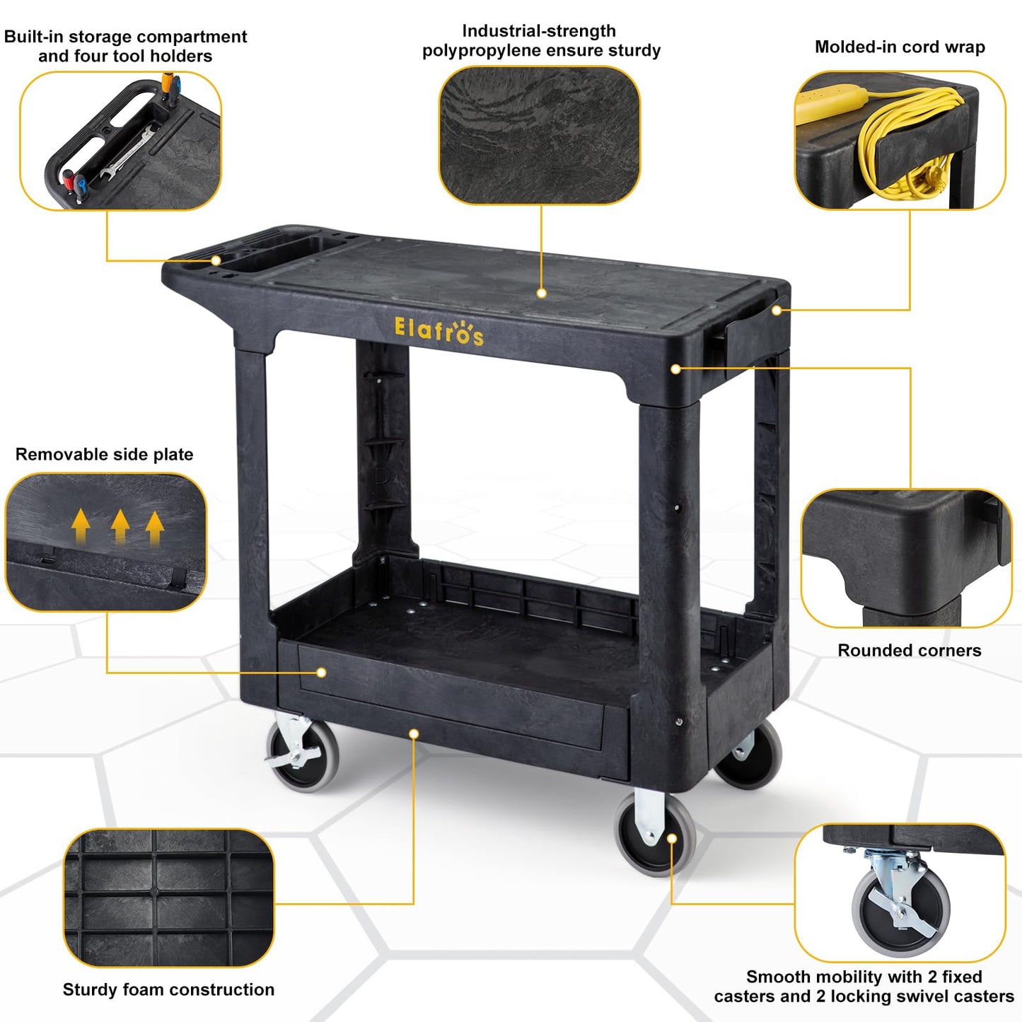 ELAFROS Heavy Duty Plastic Utility Cart Flat top 37 x 18.8 Inch - Work Cart Flat Shelves and 2 Fixed 2 Swivel Wheels Safely Holds up to 550 lbs - 2 Tier Service Cart for Warehouse,Garage, Black