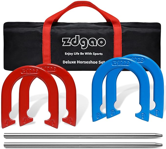 Horseshoes Outside Game Set-Portable Outdoor Horseshoe Set Includes 4 Professional Solid Steel Horseshoes with Solid Steel Stakes & Carrying Bag, Perfect for Backyard and Beach