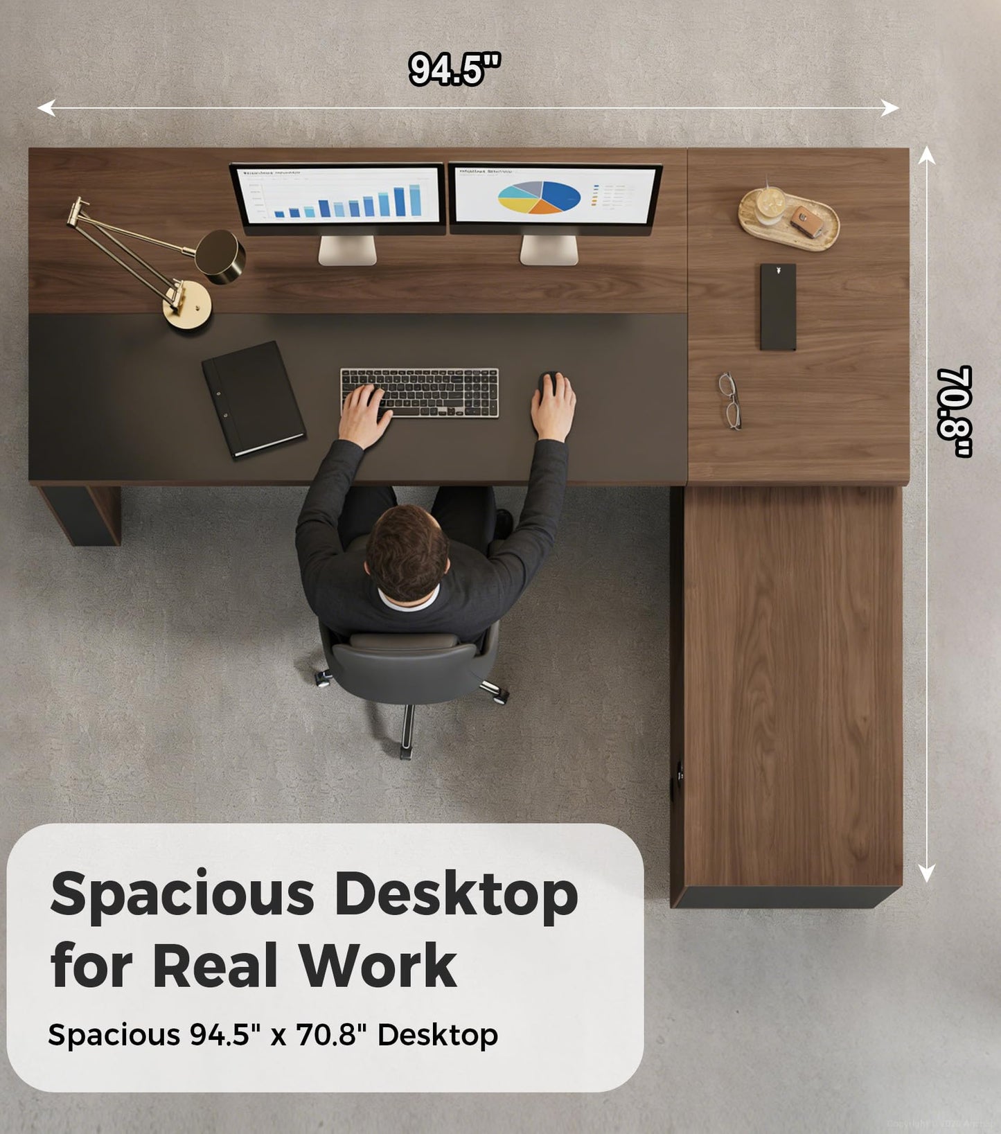95" Reversible L-Shaped Executive Desk with Drawers – Luxury Office Computer Desk with Open Shelves, LED Lighting, Built-in Outlet & USB Ports for Home Office, Corporate, School (95"W x 71"D x 30"H)