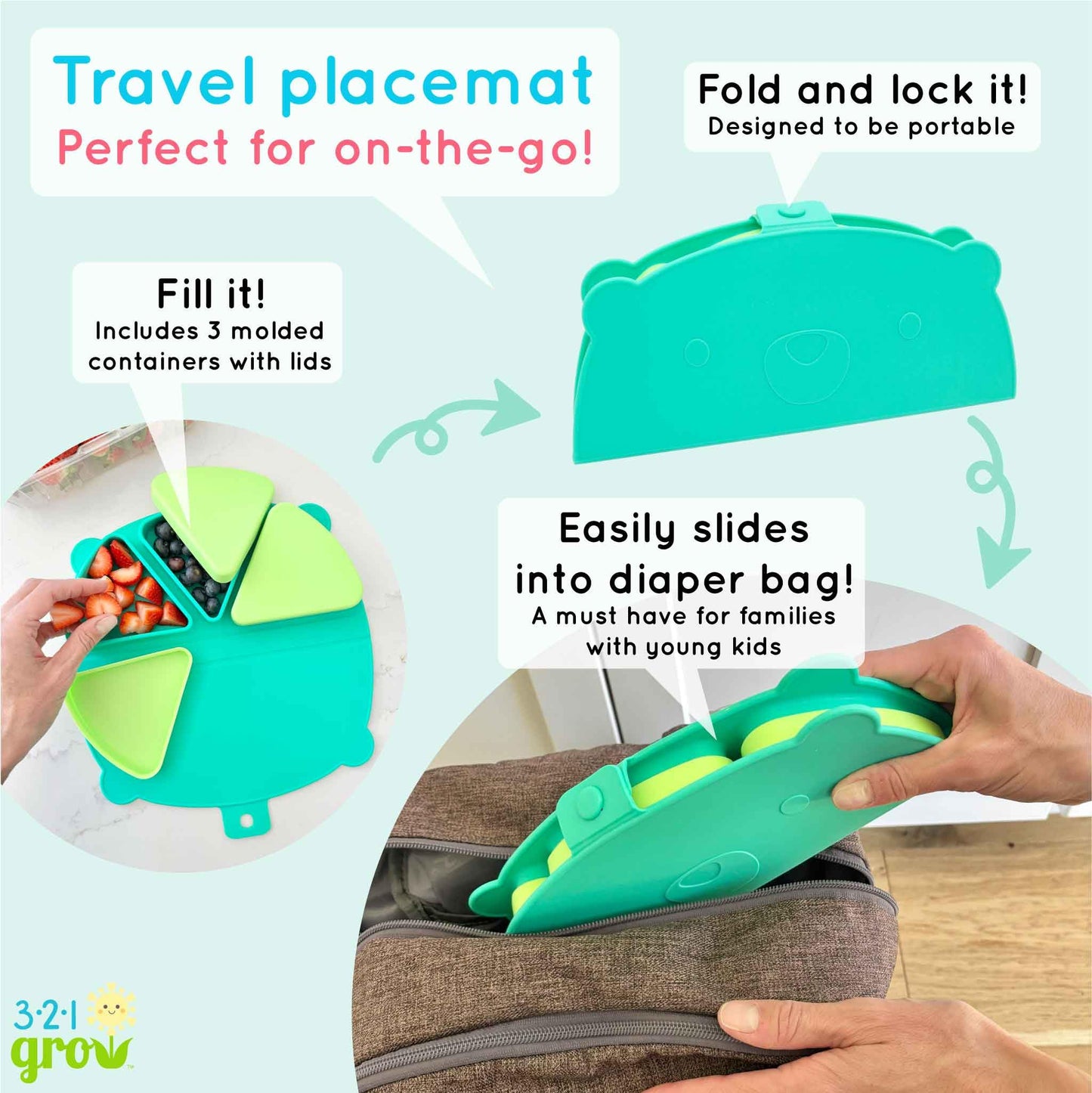 321 Grow Silicone On-The-Go Snack Mat – Foldable Reusable Placemat with 3 Compartments and Lids – Travel-Friendly Baby and Toddler Snack Plate – Dishwasher Safe (Aqua)