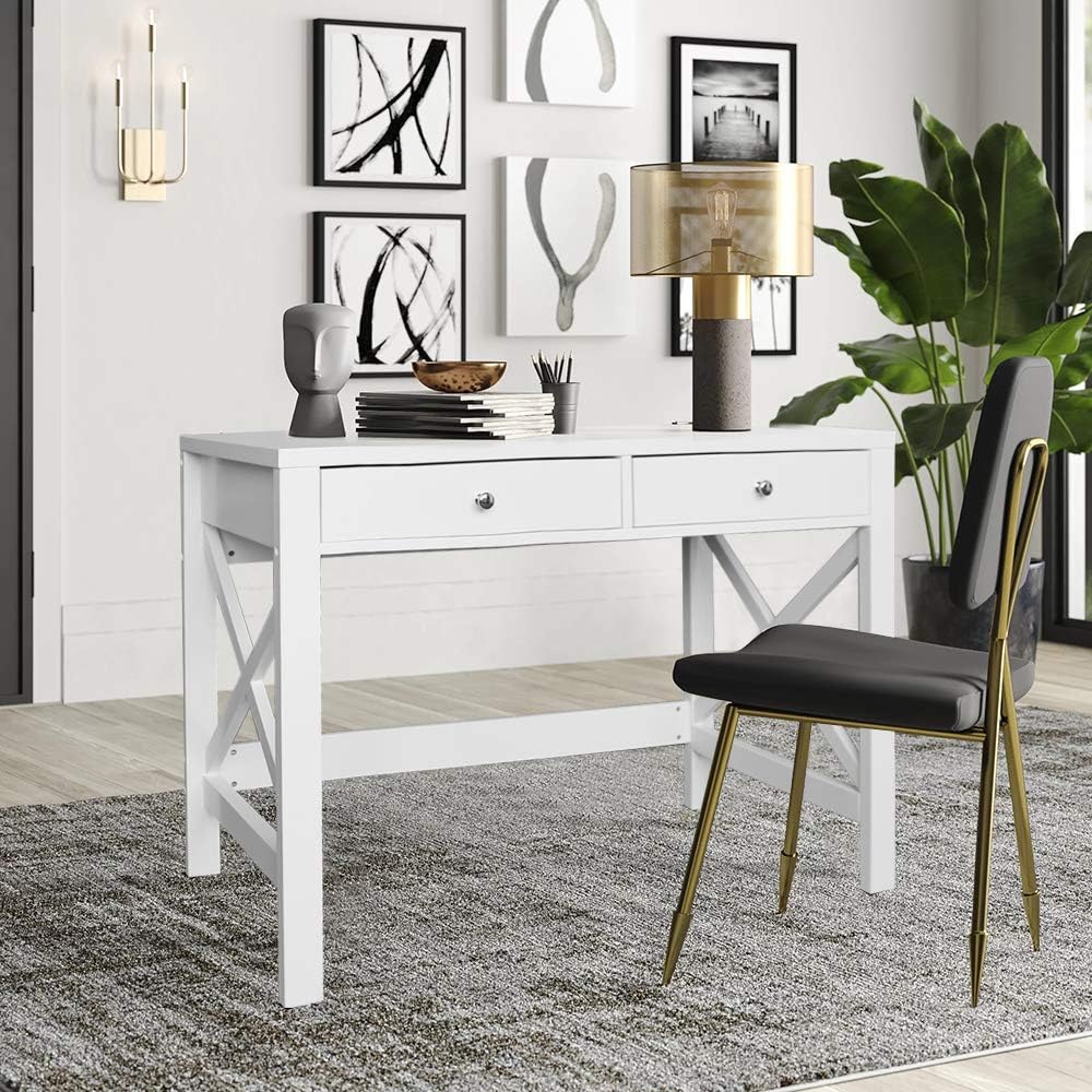ChooChoo Computer Desk Study for Home Office, Modern Simple 40 Inches Desk with Drawers, Makeup Vanity Console Table, White