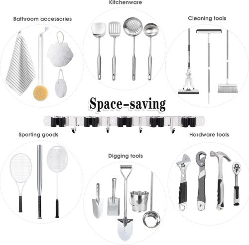 AceMining Wall-Mounted Broom and Mop Holder - 3 Pack with 5 Racks & 4 Heavy-Duty Hooks | Stainless Steel