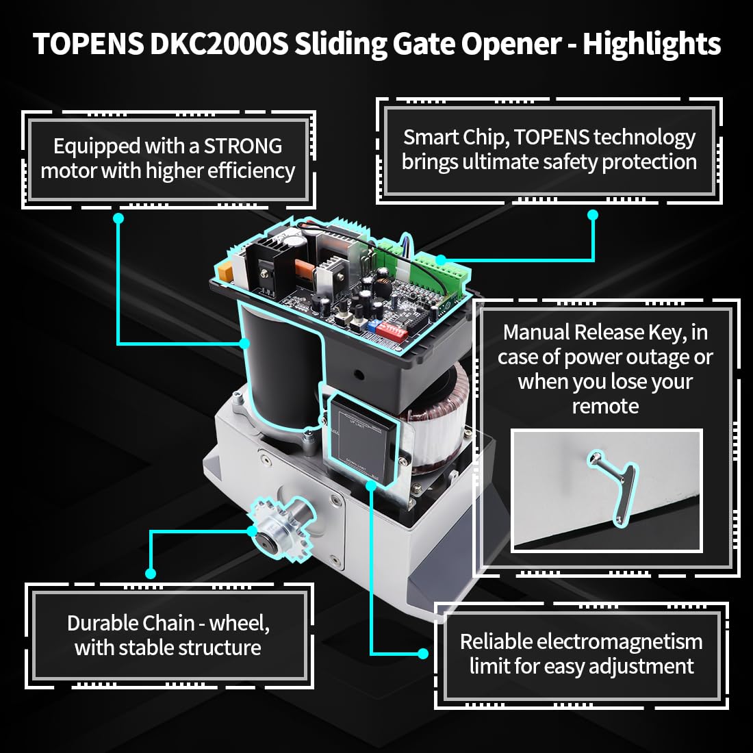 TOPENS DKC2000S Solar Sliding Gate Opener Chain Drive Automatic Gate Motor for Heavy Driveway Slide Gates Up to 4400 Pounds, Electric Gate Operator Battery Powered with Solar Panel Remote Control Kit