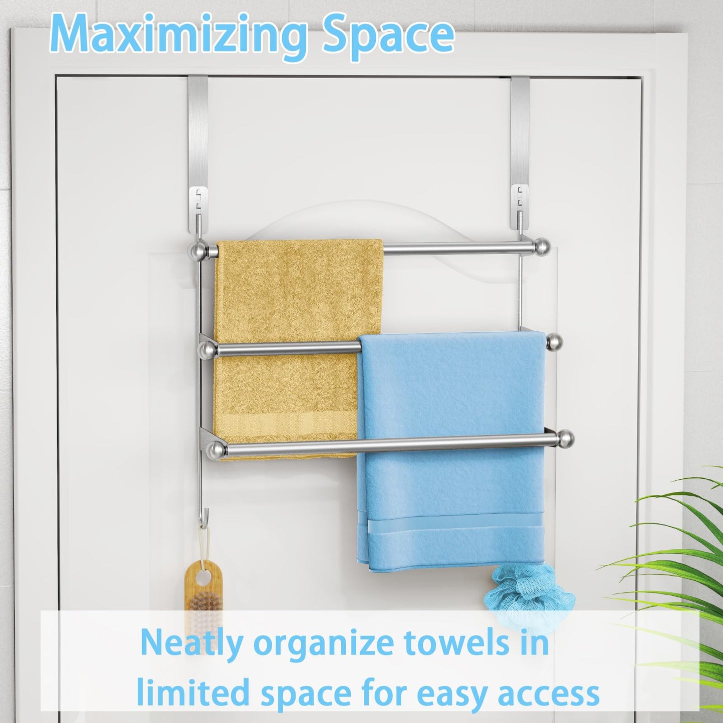 Over The Door Towel Rack,304 Stainless Steel Towel Rack with 2 Hooks, 3 Tier Towel Bar for Hanging Towels, Over Door Towel Storage Holder for Bathroom