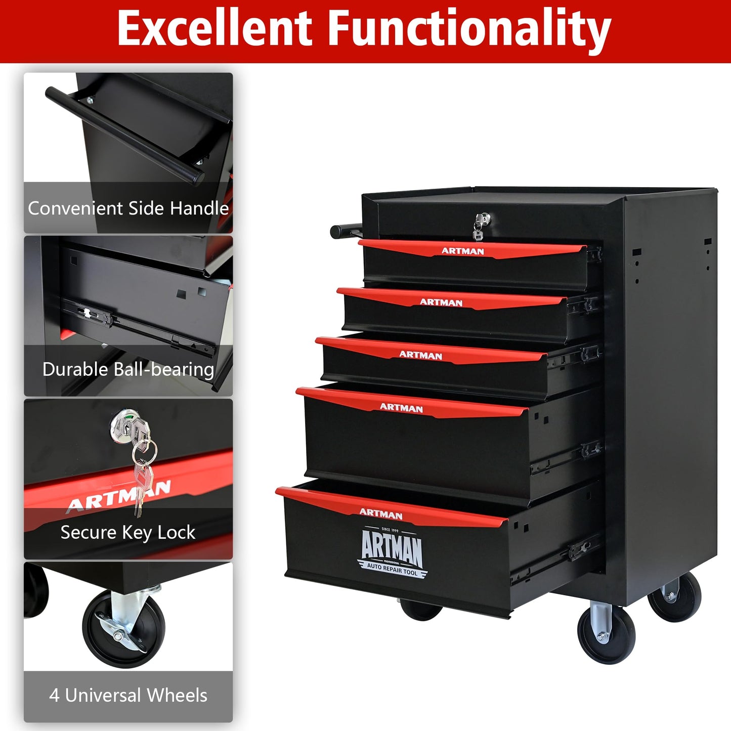 KEIKI Rolling Metal Tool Box with 5 Drawers, 20" 5 Drawer Tool Box with Ball Bearing Drawer Slides, Steel Tool Storage Box Organizer, Black