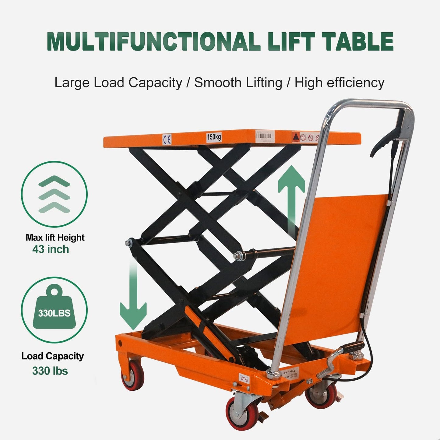 T Tory Carrier Hydraulic Manual Scissor Lift Table Cart, 330 lbs Capacity 43.3" Lifting Height, 4 Wheels Lift Table and Safety Back Guard for Material Handling