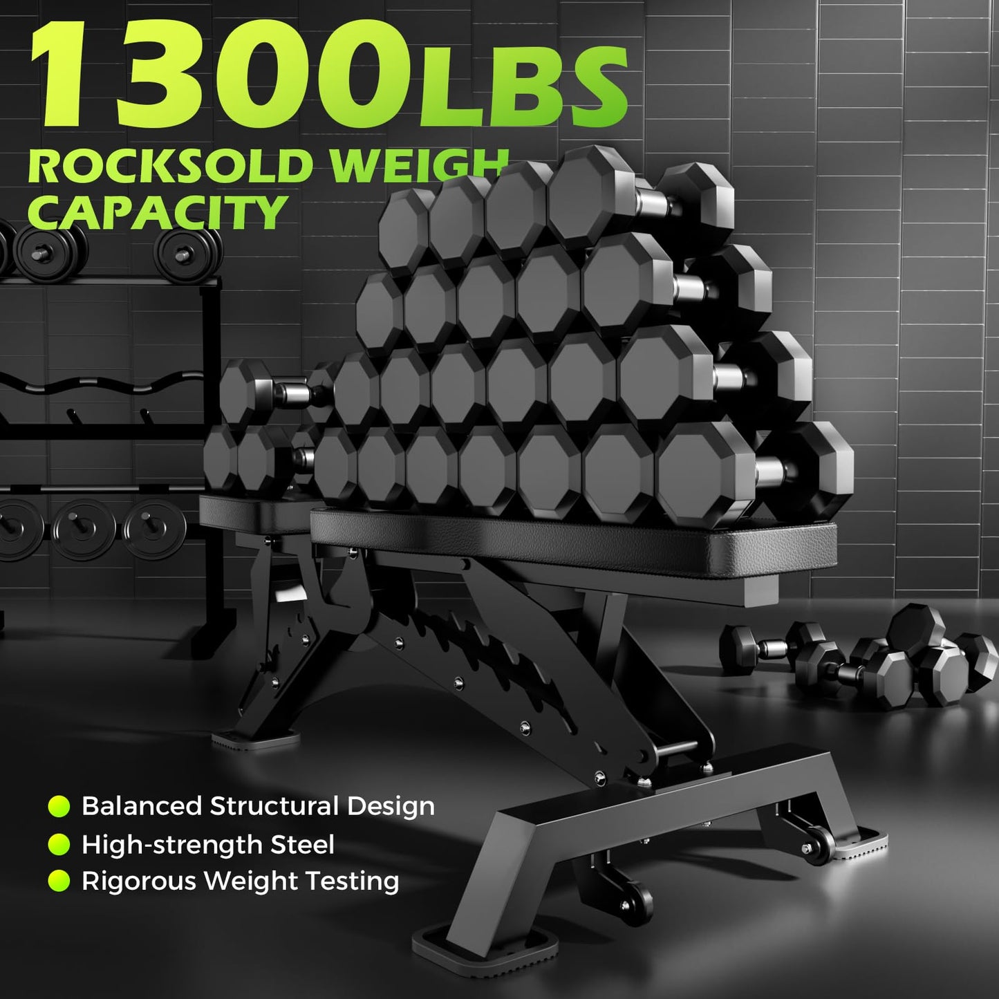 BODYRHYTHM Commercial-grade Weighted Bench, 1300LBS Weight Capacity Strength Training Bench, Heavy-duty Adjustable Workout Bench for Garage and Home Gym Workouts, Weight Lifting, and Bench Press. (Black)