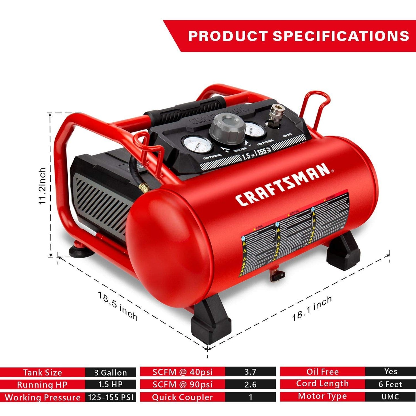 Craftsman Air Compressor, 3 Gallon 1.5 HP Max 155 Psi Pressure Oil-Free Portable & 20-pc Air Accessory Kit (CMXZTSG1139NB)