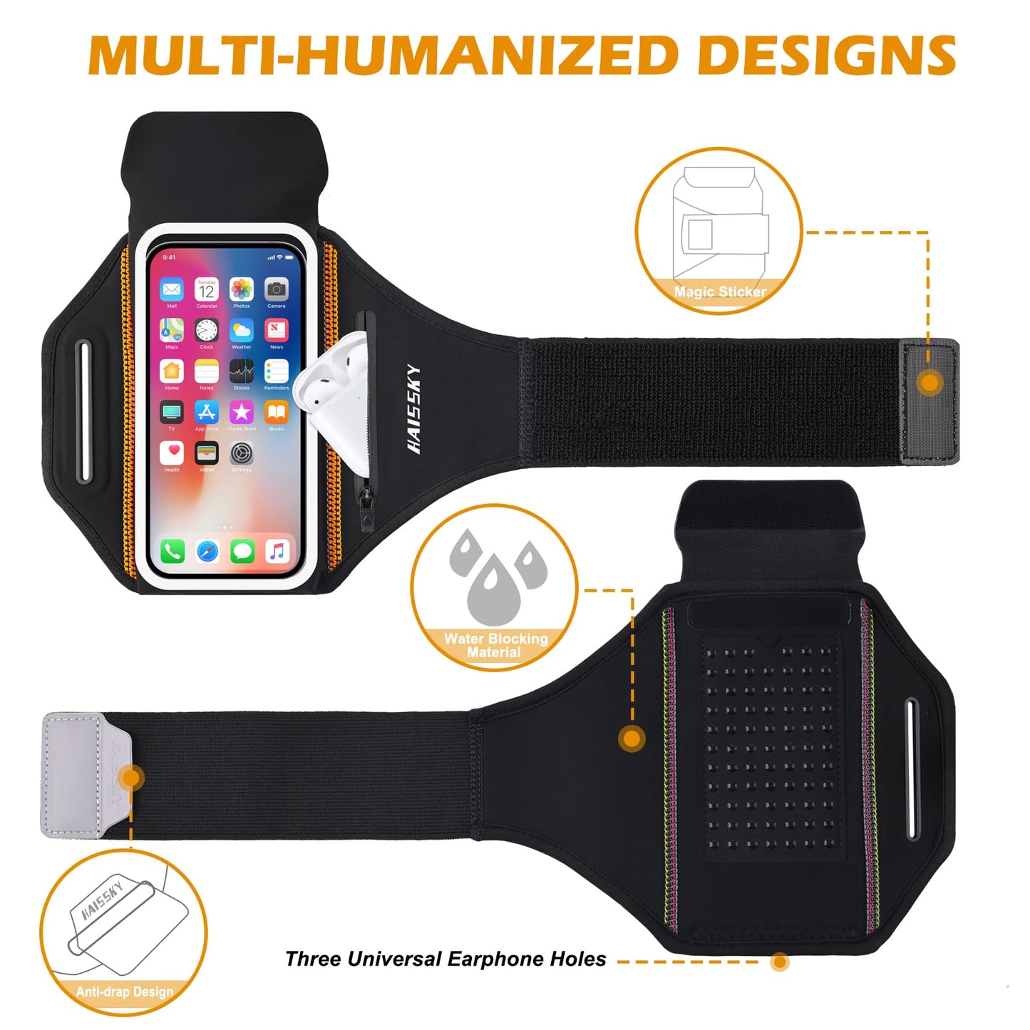Running Armband with Earphone Bag Cell Phone Armband for iPhone 17 16 15 Pro 14 Plus 13 11 XR, Galaxy S24/S10 Water Resistant Sports Phone Holder Case & Zipper Slot Car Key Holder for 6.9 inch Phone