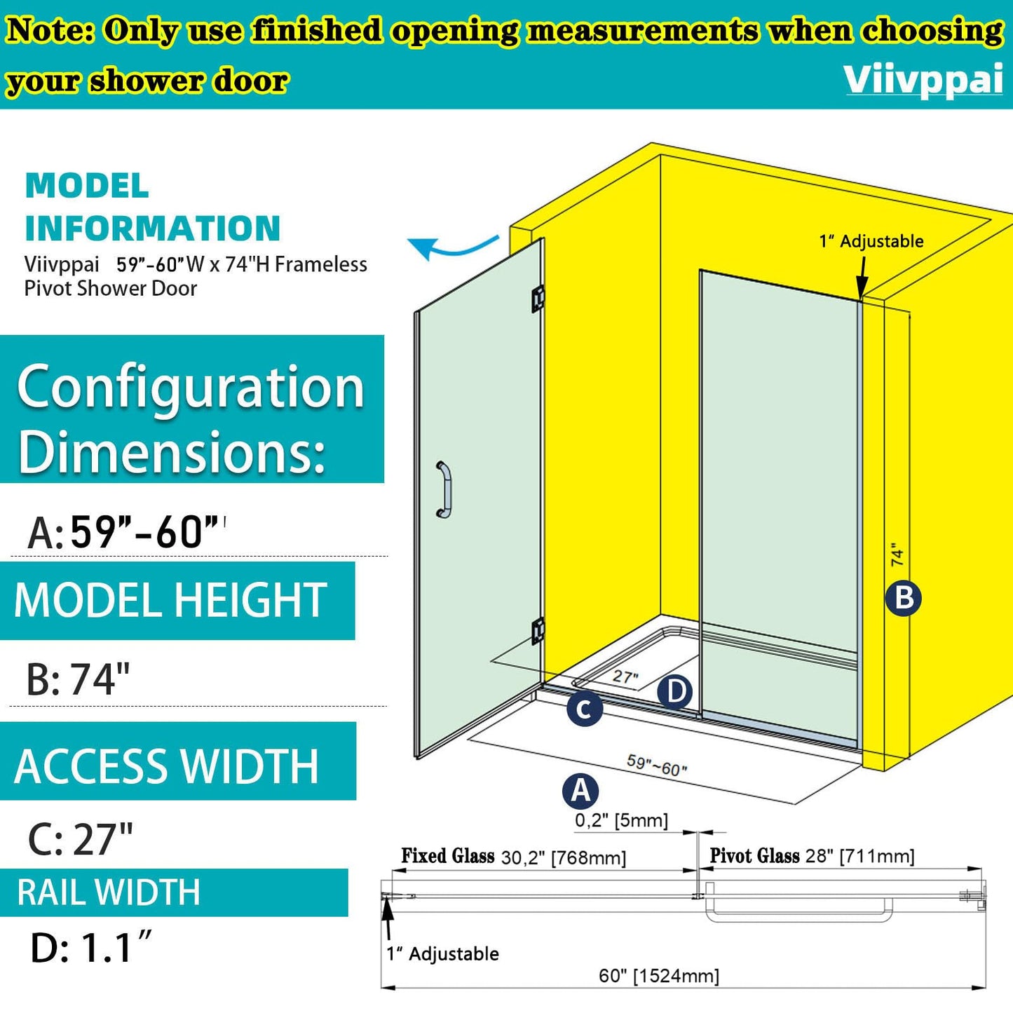 Pivot Swing Shower Door, Adjustable Width 59-60" W x 74" H Semi-Frameless Shower Glass Door with 5/16 in Clear SGCC Middle Frosted Tempered Glass with Nano Easy-Clean Coating (Brushed Silver)