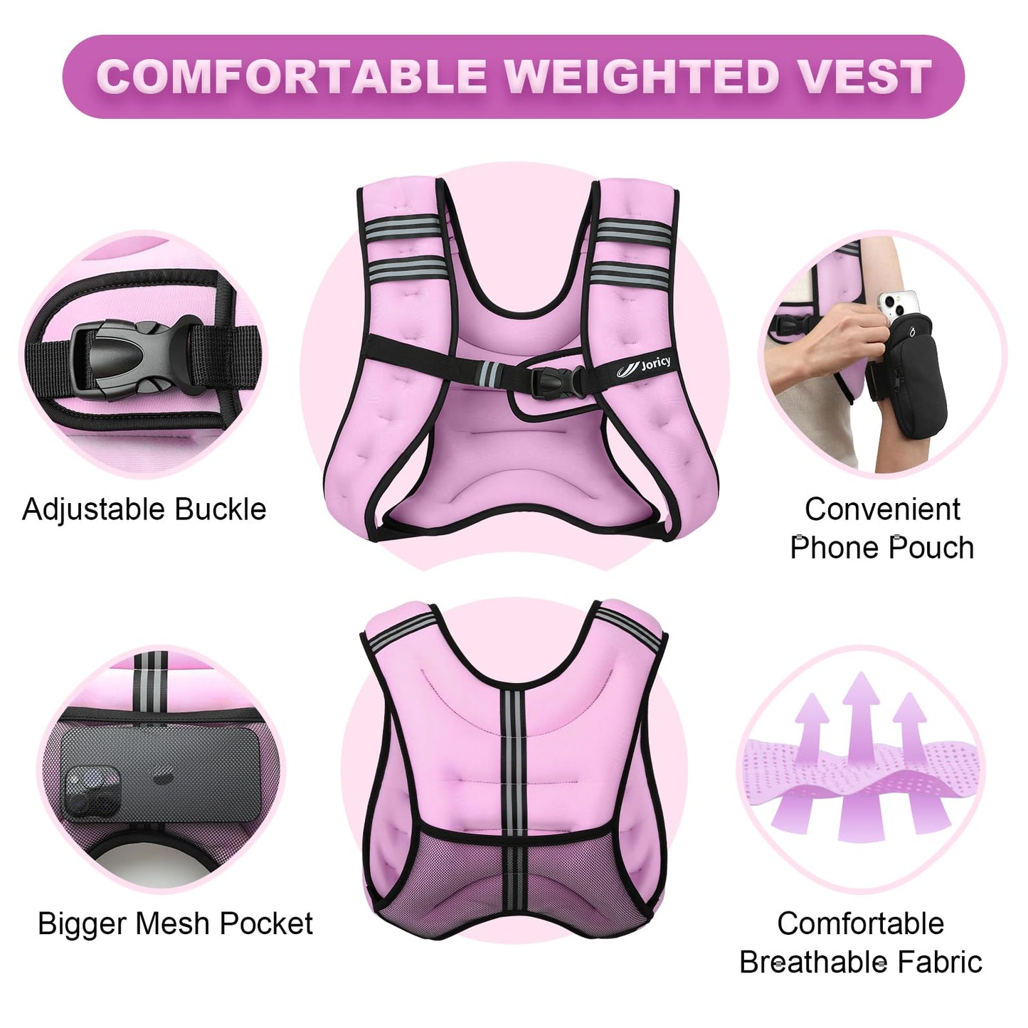 Weighted Vest for Woman Men 15lb Weight Vest with Reflective Stripe, Rucking Running Vests for Workout Walking Strength Training Weight Loss Fitness Muscle Building Weightlifting Light Purple