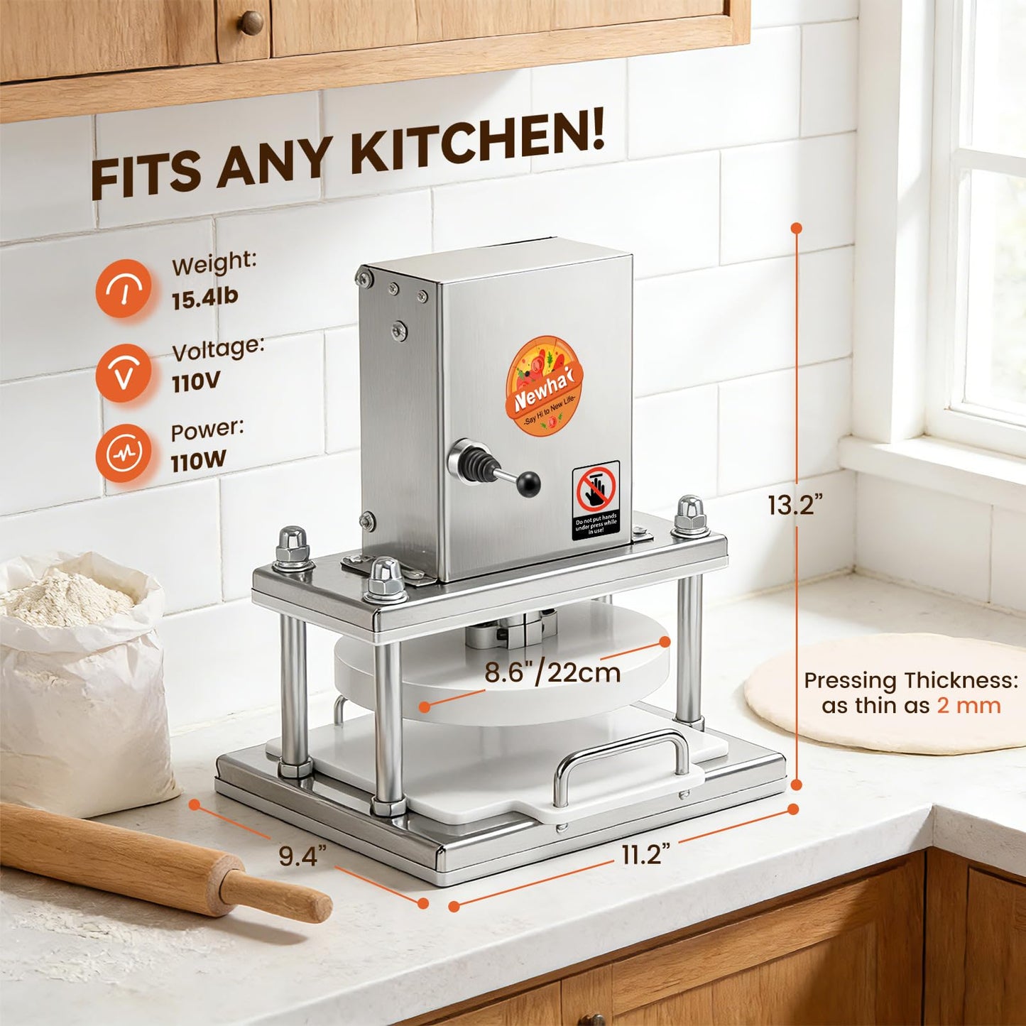 Newhai 8.6” Electric Pizza Dough Press Machine Commercial Dough Roller Sheeter Stainless Steel Pastry Bread Press Forming Processor for Bakery Home Restaurant Use